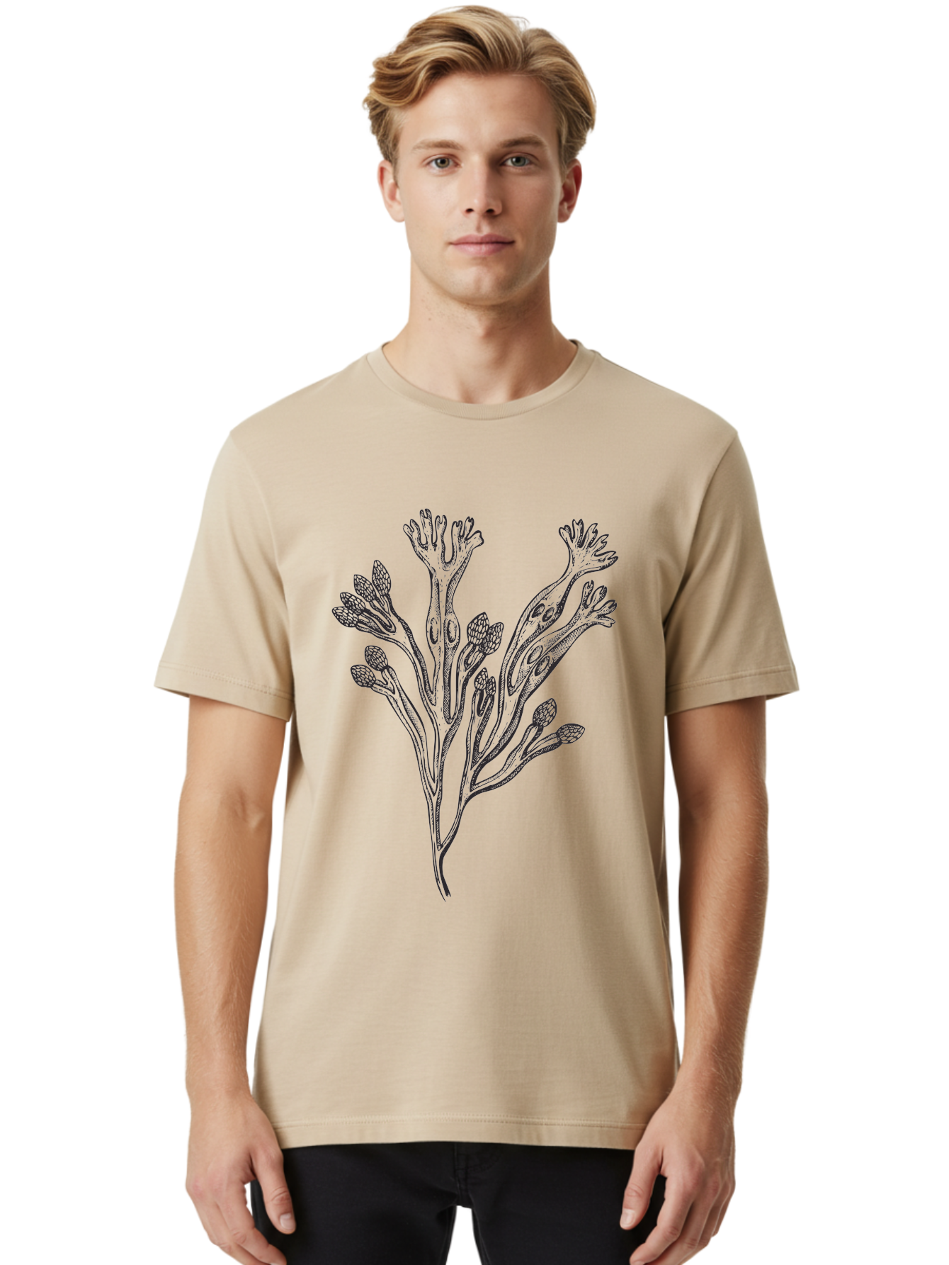 Black-Algae-Illustration Men'S Graphic Tee, 100% Cotton, Comfortable Casual Summer Wear, Machine Washable, Botanical Illustration, Black Ink Drawing, Floral Design, Abstract Plant, Unique Foliage, Intricate Details, Simple Yet Elegant, Aad673