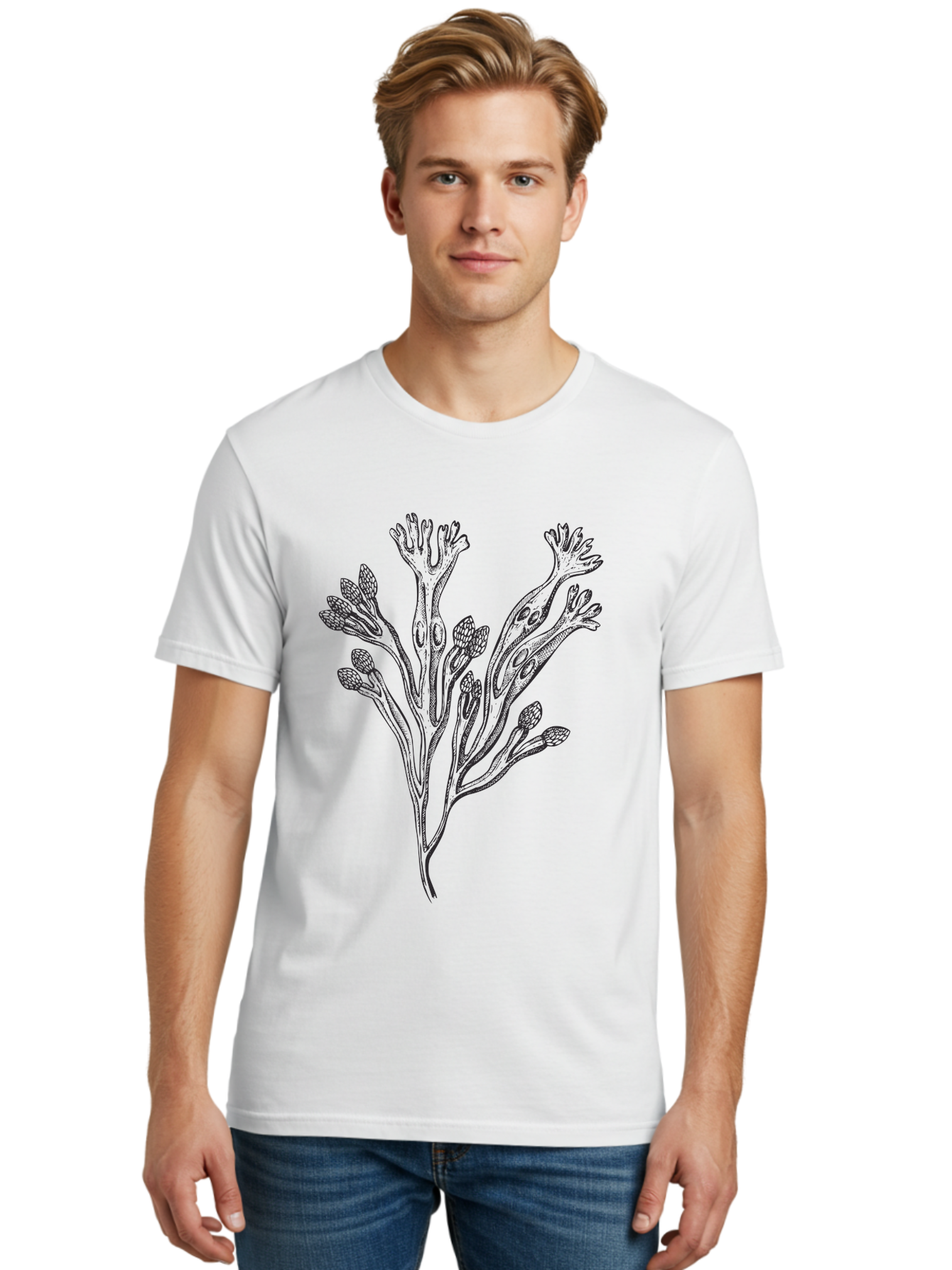 Black-Algae-Illustration Men'S Graphic Tee, 100% Cotton, Comfortable Casual Summer Wear, Machine Washable, Botanical Illustration, Black Ink Drawing, Floral Design, Abstract Plant, Unique Foliage, Intricate Details, Simple Yet Elegant, Aad673