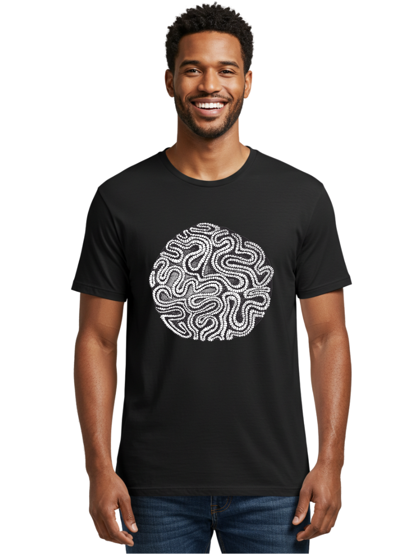 Black-And-White-Patterned-Circle Men'S Graphic Tee, 100% Cotton, Comfortable Casual Summer Wear, Machine Washable, Stippled Artwork, Abstract Design, Black And White Illustration, Dotwork Technique, Maze Pattern, Psychedelic Art, Aad674