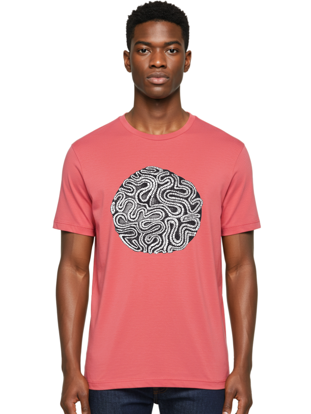 Black-And-White-Patterned-Circle Men'S Graphic Tee, 100% Cotton, Comfortable Casual Summer Wear, Machine Washable, Stippled Artwork, Abstract Design, Black And White Illustration, Dotwork Technique, Maze Pattern, Psychedelic Art, Aad674