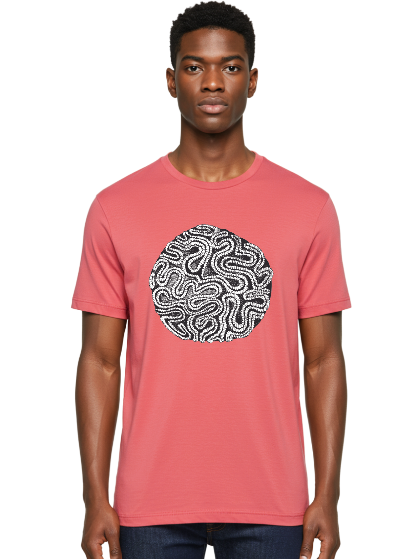Black-And-White-Patterned-Circle Men'S Graphic Tee, 100% Cotton, Comfortable Casual Summer Wear, Machine Washable, Stippled Artwork, Abstract Design, Black And White Illustration, Dotwork Technique, Maze Pattern, Psychedelic Art, Aad674