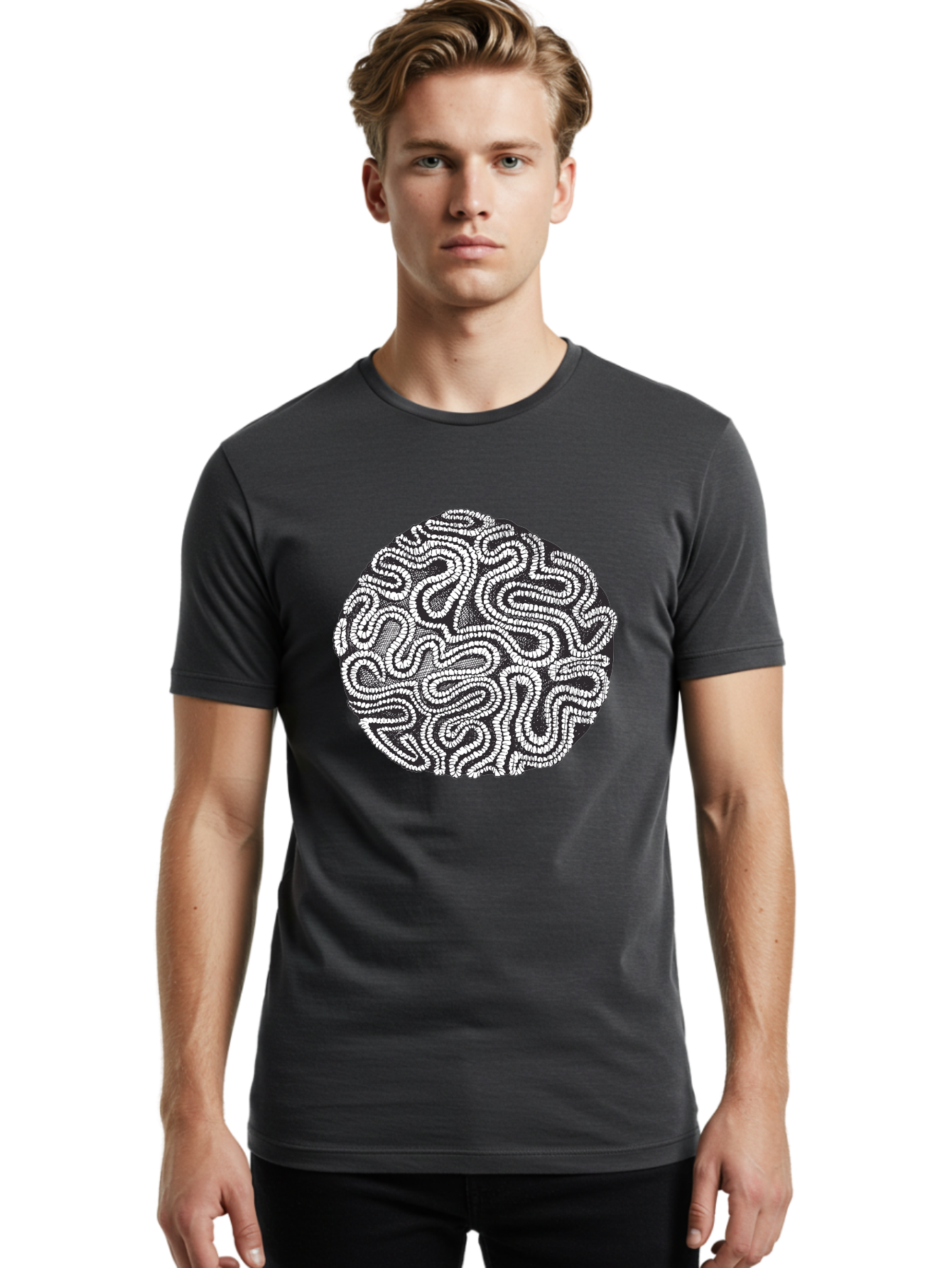 Black-And-White-Patterned-Circle Men'S Graphic Tee, 100% Cotton, Comfortable Casual Summer Wear, Machine Washable, Stippled Artwork, Abstract Design, Black And White Illustration, Dotwork Technique, Maze Pattern, Psychedelic Art, Aad674