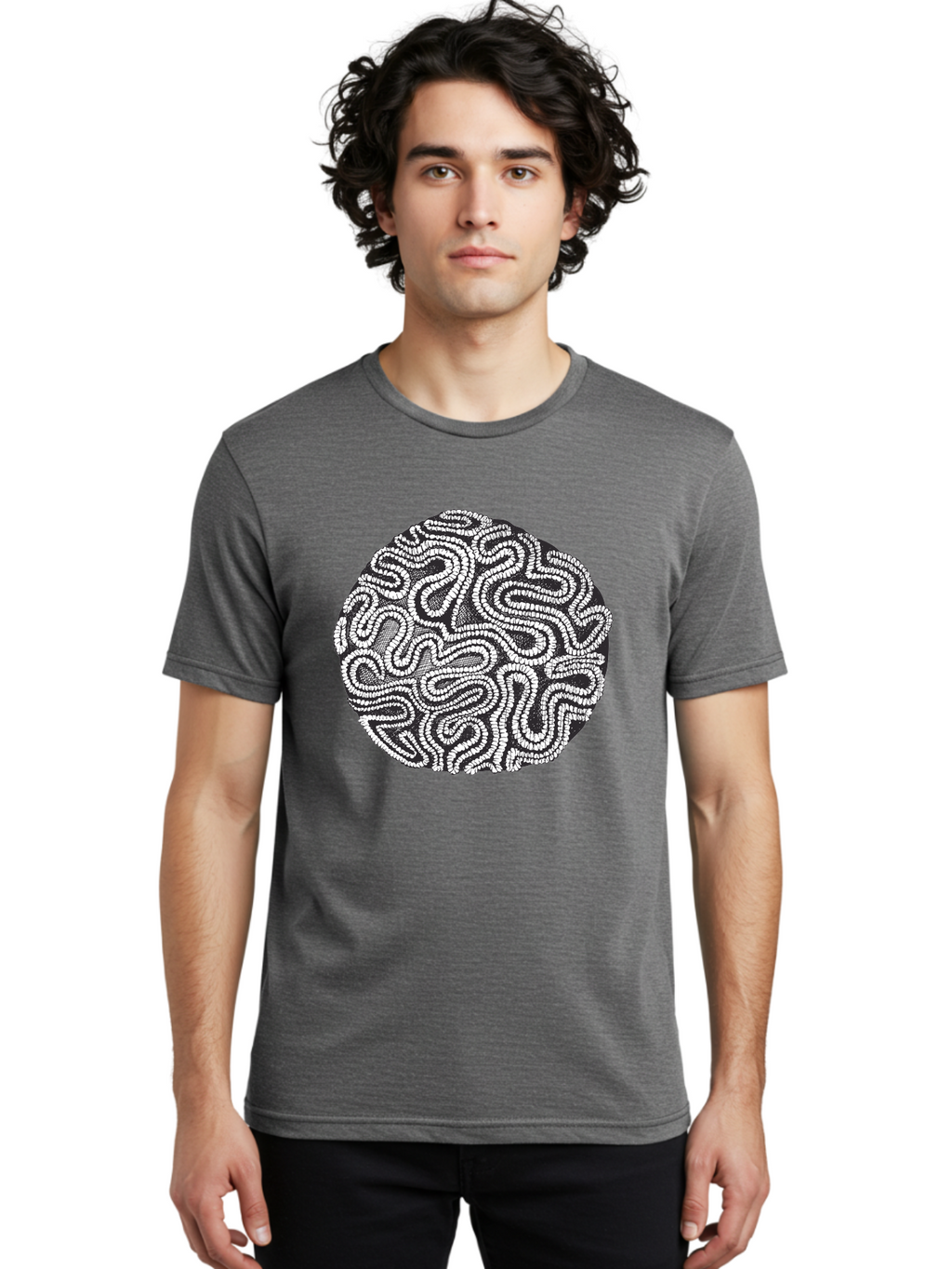 Black-And-White-Patterned-Circle Men'S Graphic Tee, 100% Cotton, Comfortable Casual Summer Wear, Machine Washable, Stippled Artwork, Abstract Design, Black And White Illustration, Dotwork Technique, Maze Pattern, Psychedelic Art, Aad674