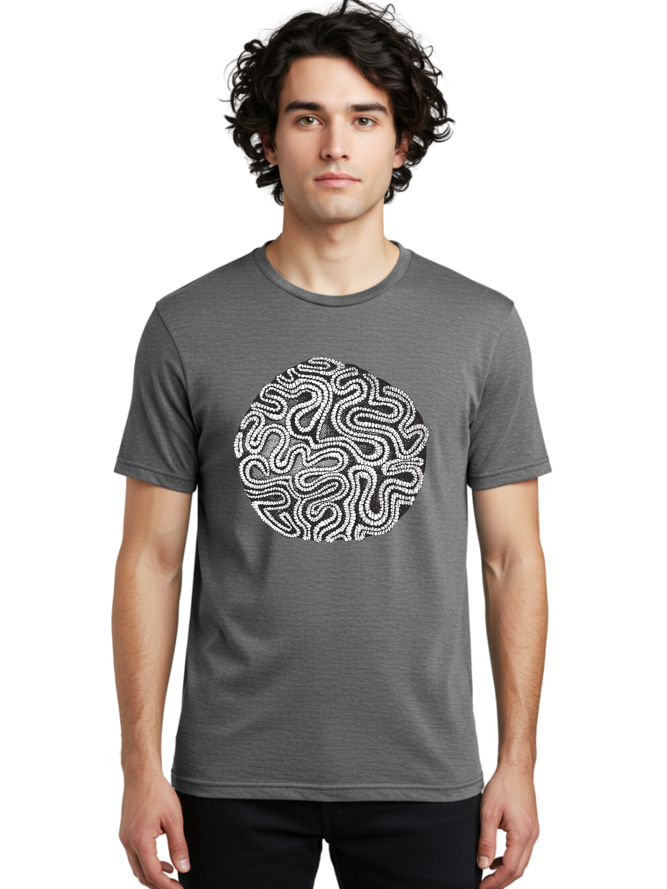 Black-And-White-Patterned-Circle Men'S Graphic Tee, 100% Cotton, Comfortable Casual Summer Wear, Machine Washable, Stippled Artwork, Abstract Design, Black And White Illustration, Dotwork Technique, Maze Pattern, Psychedelic Art, Aad674