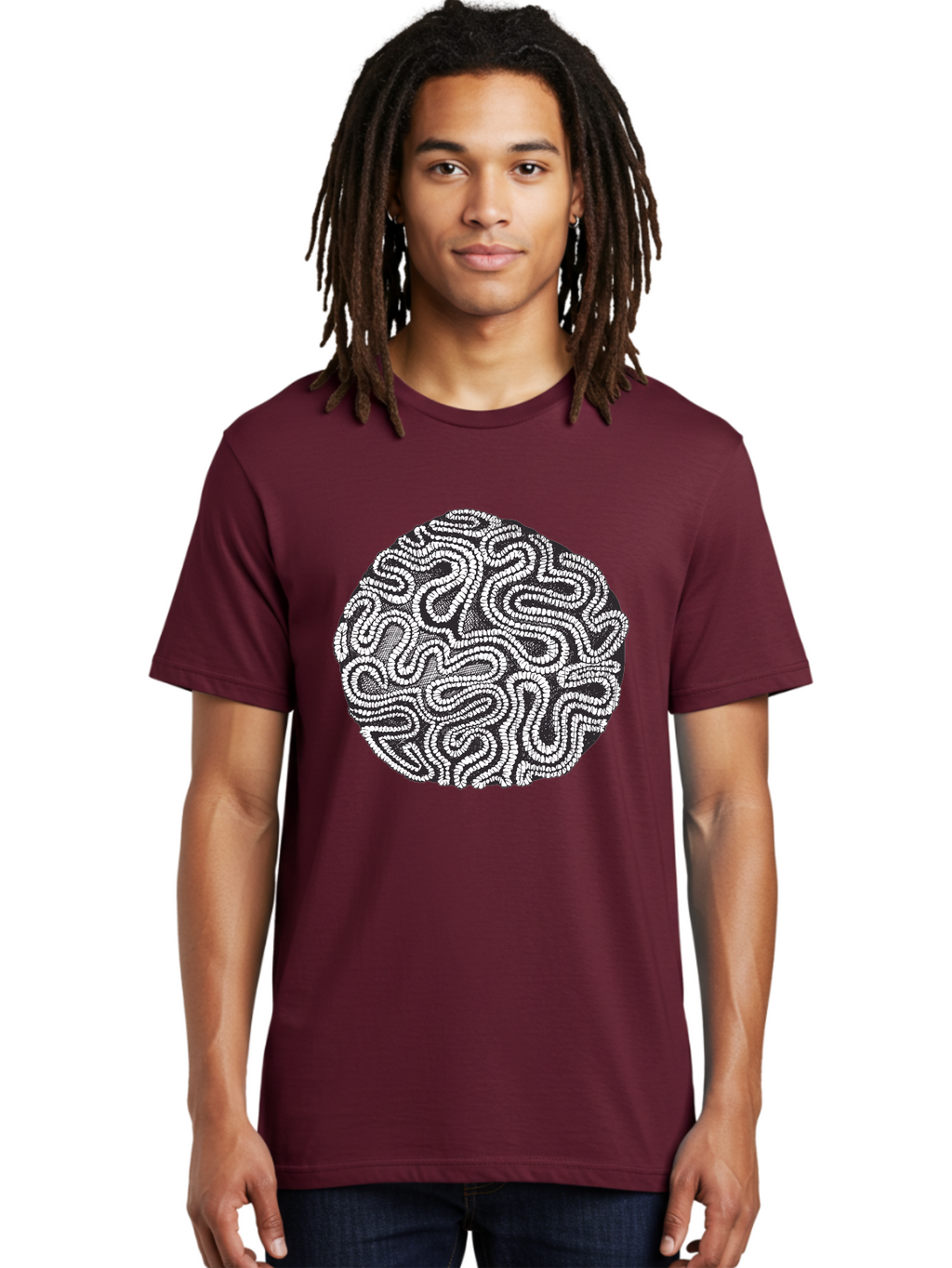 Black-And-White-Patterned-Circle Men'S Graphic Tee, 100% Cotton, Comfortable Casual Summer Wear, Machine Washable, Stippled Artwork, Abstract Design, Black And White Illustration, Dotwork Technique, Maze Pattern, Psychedelic Art, Aad674