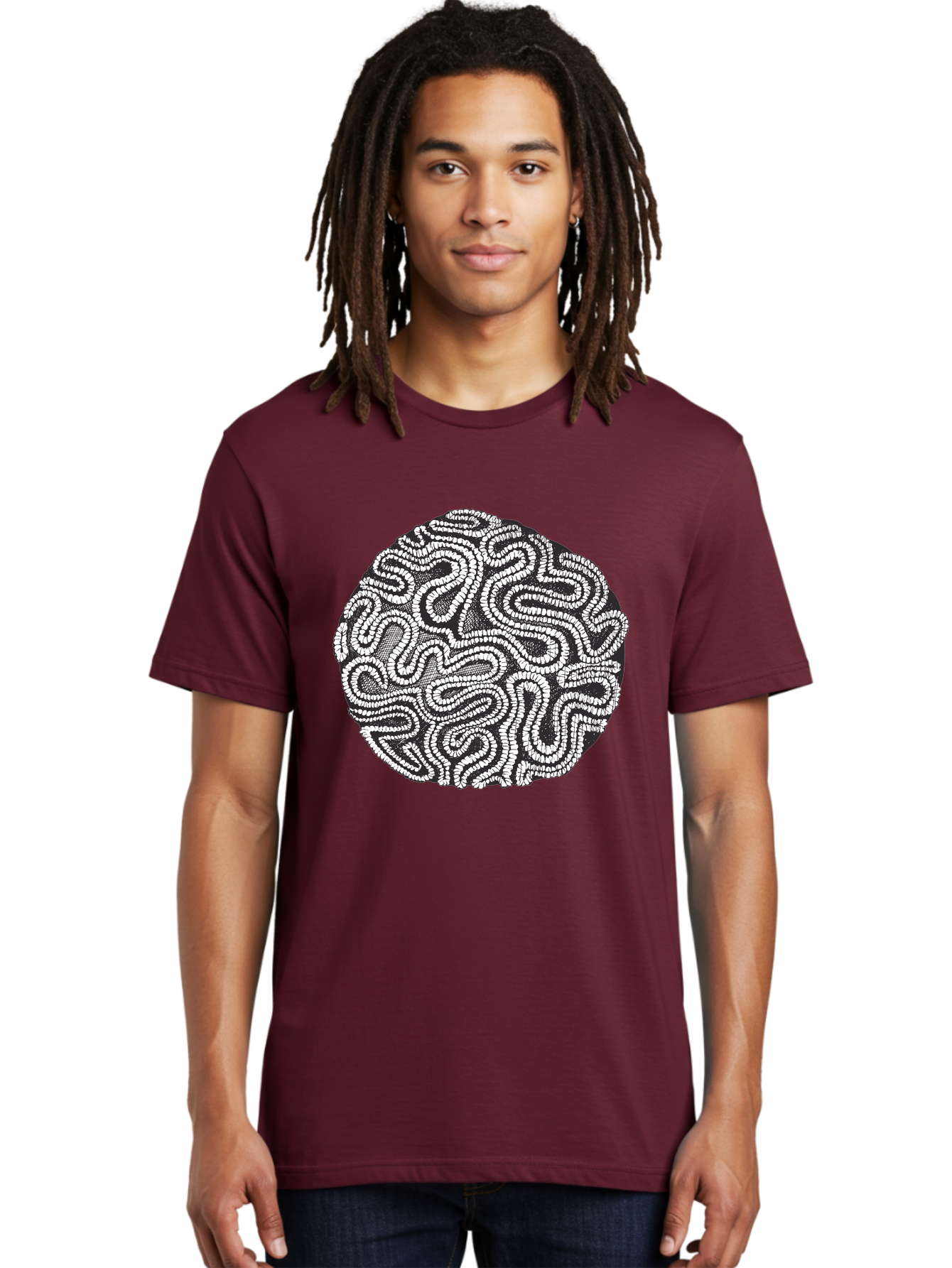 Black-And-White-Patterned-Circle Men'S Graphic Tee, 100% Cotton, Comfortable Casual Summer Wear, Machine Washable, Stippled Artwork, Abstract Design, Black And White Illustration, Dotwork Technique, Maze Pattern, Psychedelic Art, Aad674