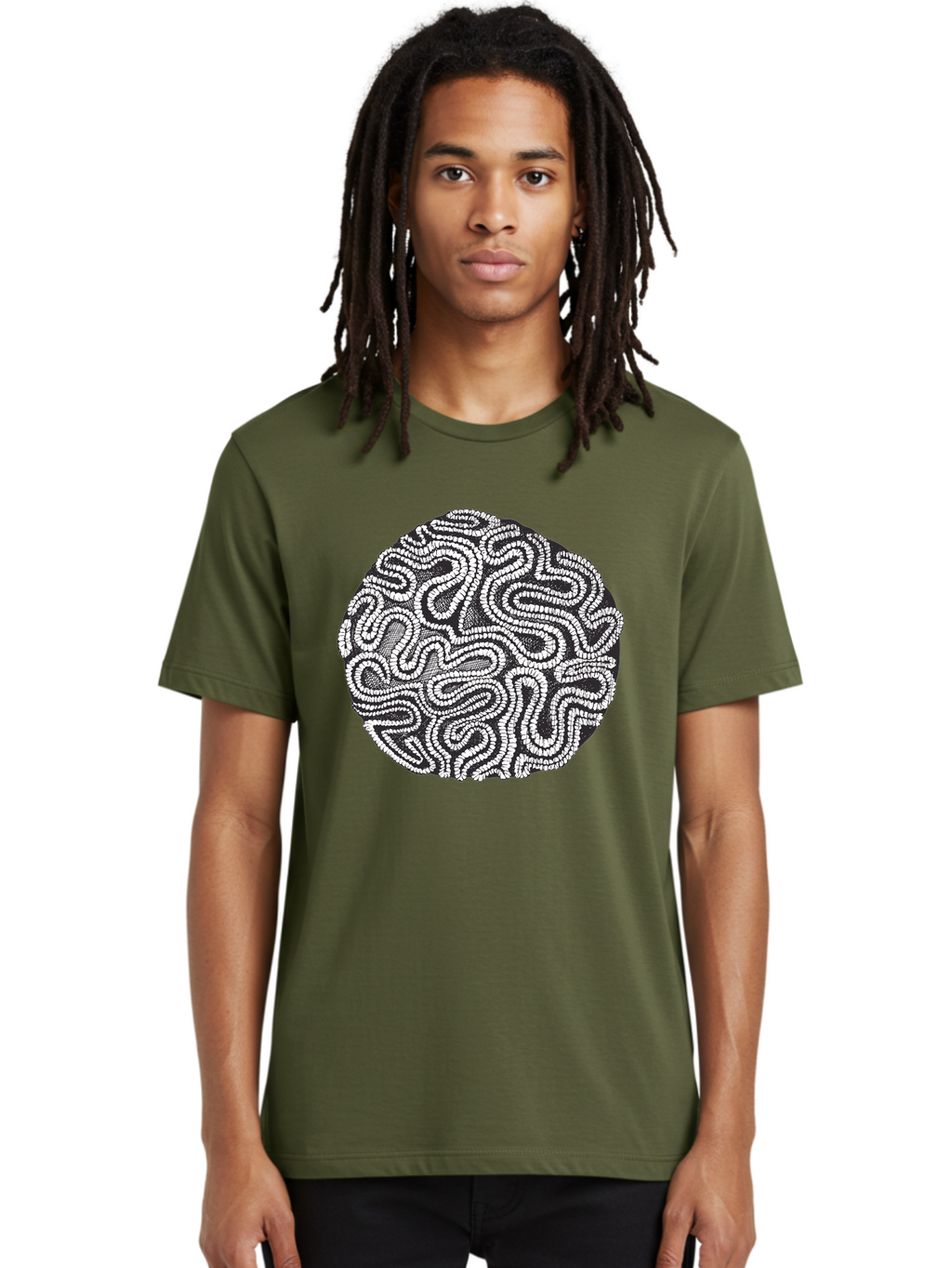Black-And-White-Patterned-Circle Men'S Graphic Tee, 100% Cotton, Comfortable Casual Summer Wear, Machine Washable, Stippled Artwork, Abstract Design, Black And White Illustration, Dotwork Technique, Maze Pattern, Psychedelic Art, Aad674