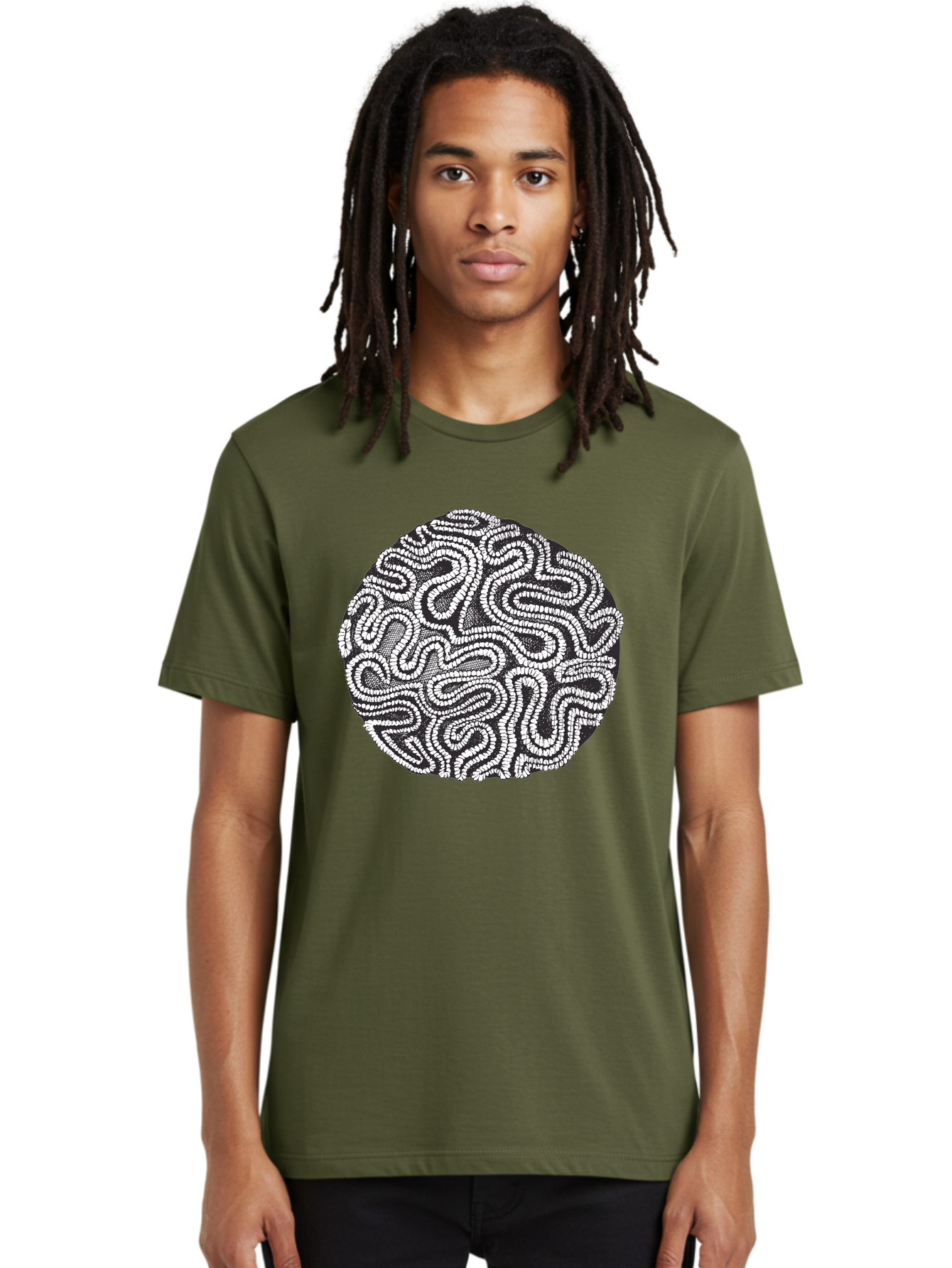 Black-And-White-Patterned-Circle Men'S Graphic Tee, 100% Cotton, Comfortable Casual Summer Wear, Machine Washable, Stippled Artwork, Abstract Design, Black And White Illustration, Dotwork Technique, Maze Pattern, Psychedelic Art, Aad674