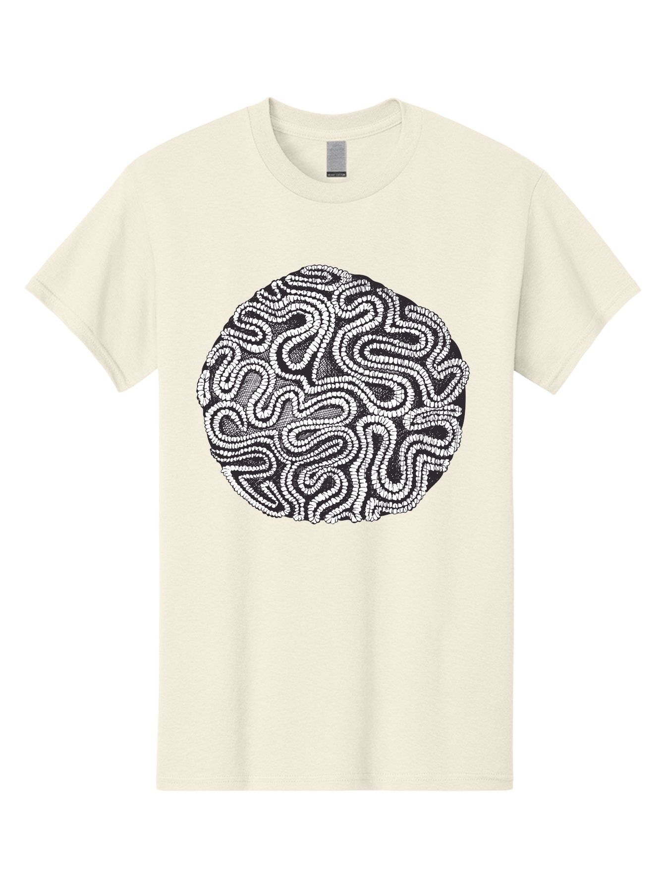 Black-And-White-Patterned-Circle Men'S Graphic Tee, 100% Cotton, Comfortable Casual Summer Wear, Machine Washable, Stippled Artwork, Abstract Design, Black And White Illustration, Dotwork Technique, Maze Pattern, Psychedelic Art, Aad674