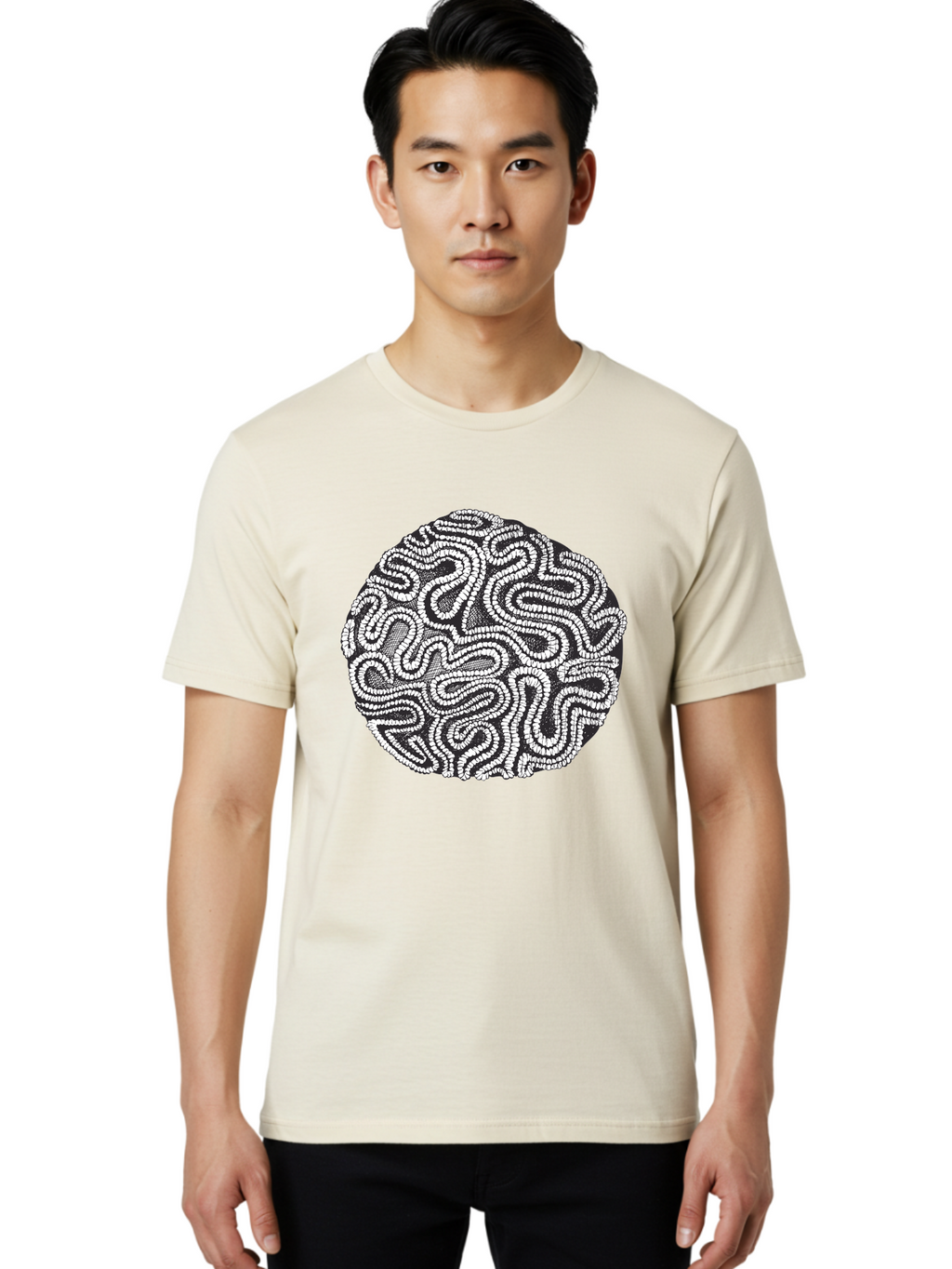Black-And-White-Patterned-Circle Men'S Graphic Tee, 100% Cotton, Comfortable Casual Summer Wear, Machine Washable, Stippled Artwork, Abstract Design, Black And White Illustration, Dotwork Technique, Maze Pattern, Psychedelic Art, Aad674