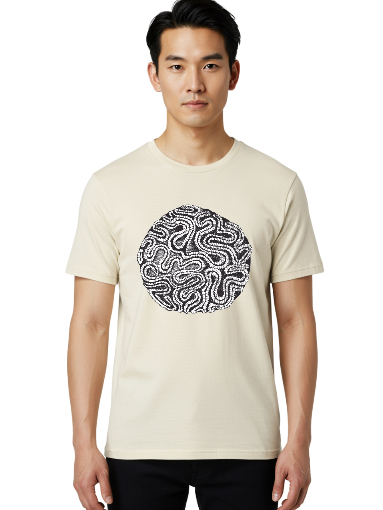 Black-And-White-Patterned-Circle Men'S Graphic Tee, 100% Cotton, Comfortable Casual Summer Wear, Machine Washable, Stippled Artwork, Abstract Design, Black And White Illustration, Dotwork Technique, Maze Pattern, Psychedelic Art, Aad674