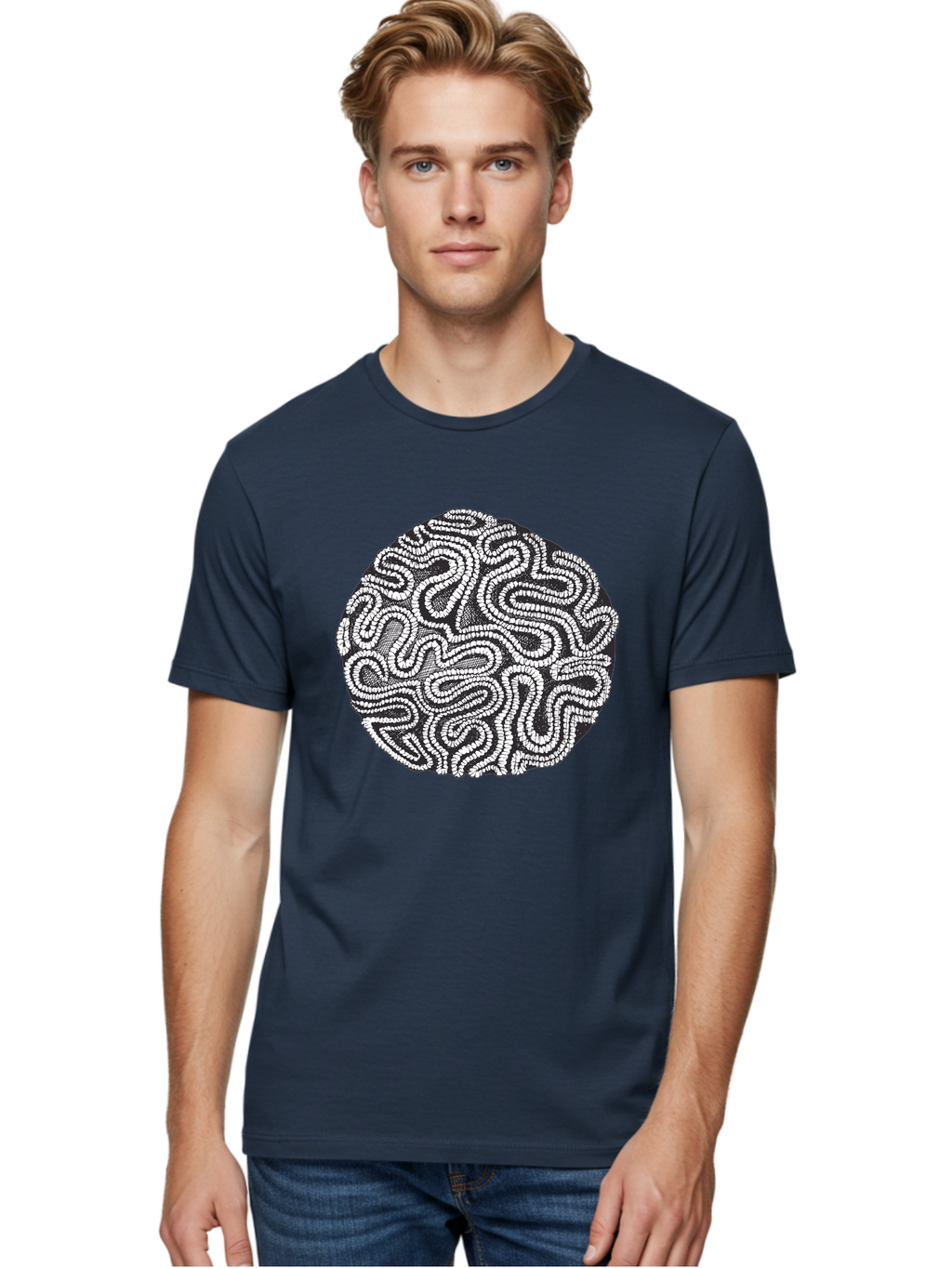 Black-And-White-Patterned-Circle Men'S Graphic Tee, 100% Cotton, Comfortable Casual Summer Wear, Machine Washable, Stippled Artwork, Abstract Design, Black And White Illustration, Dotwork Technique, Maze Pattern, Psychedelic Art, Aad674