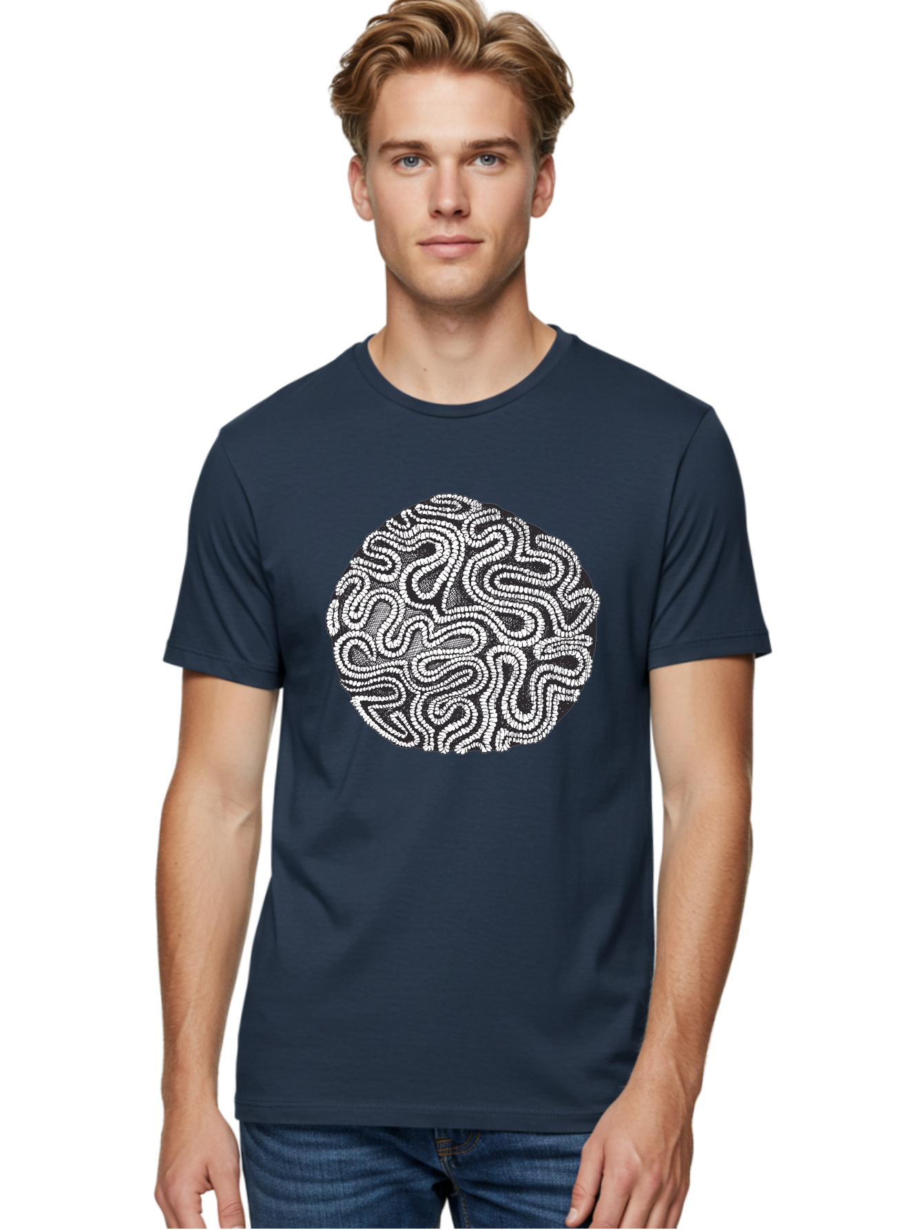 Black-And-White-Patterned-Circle Men'S Graphic Tee, 100% Cotton, Comfortable Casual Summer Wear, Machine Washable, Stippled Artwork, Abstract Design, Black And White Illustration, Dotwork Technique, Maze Pattern, Psychedelic Art, Aad674