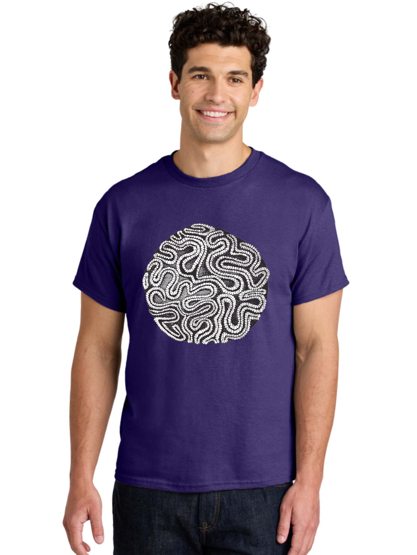 Black-And-White-Patterned-Circle Men'S Graphic Tee, 100% Cotton, Comfortable Casual Summer Wear, Machine Washable, Stippled Artwork, Abstract Design, Black And White Illustration, Dotwork Technique, Maze Pattern, Psychedelic Art, Aad674