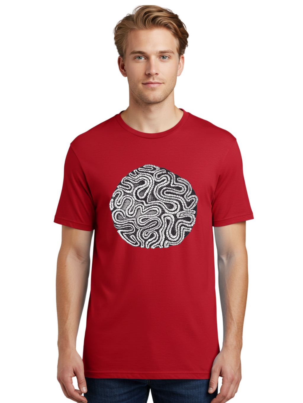 Black-And-White-Patterned-Circle Men'S Graphic Tee, 100% Cotton, Comfortable Casual Summer Wear, Machine Washable, Stippled Artwork, Abstract Design, Black And White Illustration, Dotwork Technique, Maze Pattern, Psychedelic Art, Aad674