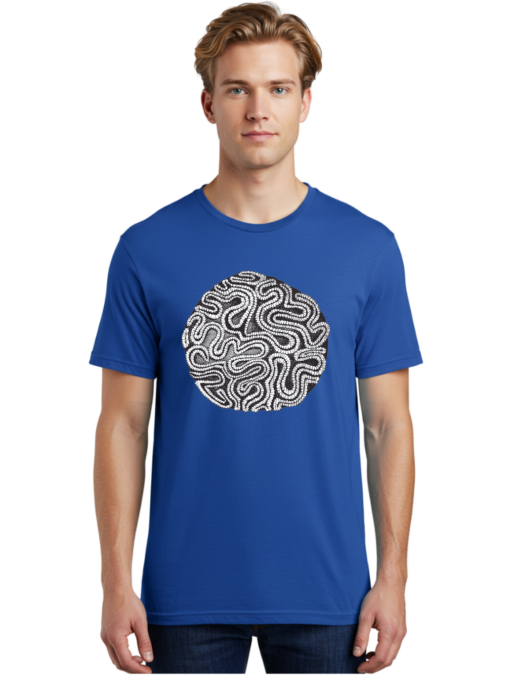 Black-And-White-Patterned-Circle Men'S Graphic Tee, 100% Cotton, Comfortable Casual Summer Wear, Machine Washable, Stippled Artwork, Abstract Design, Black And White Illustration, Dotwork Technique, Maze Pattern, Psychedelic Art, Aad674