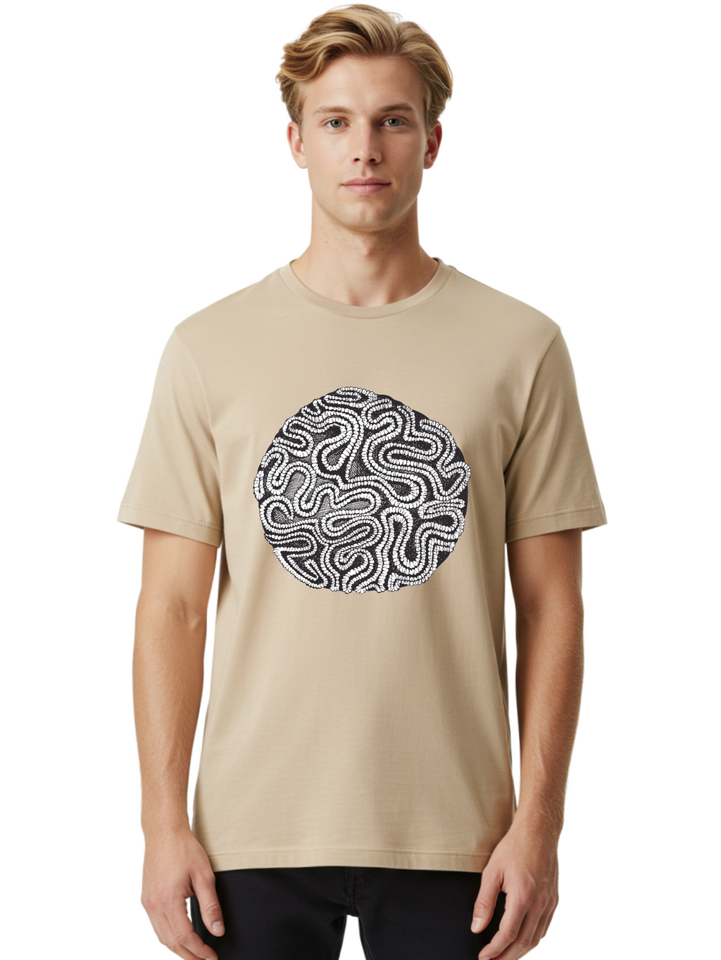 Black-And-White-Patterned-Circle Men'S Graphic Tee, 100% Cotton, Comfortable Casual Summer Wear, Machine Washable, Stippled Artwork, Abstract Design, Black And White Illustration, Dotwork Technique, Maze Pattern, Psychedelic Art, Aad674