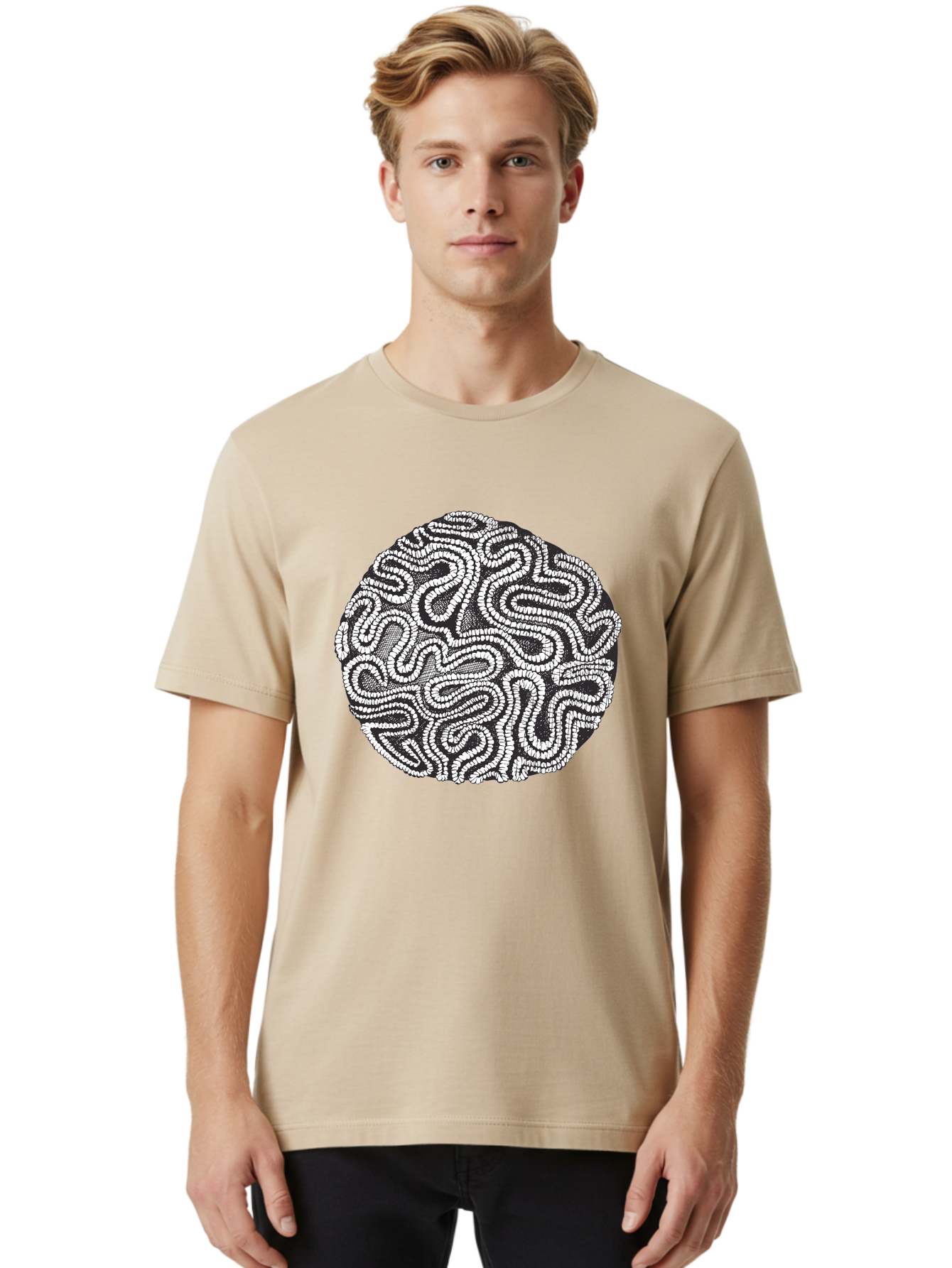 Black-And-White-Patterned-Circle Men'S Graphic Tee, 100% Cotton, Comfortable Casual Summer Wear, Machine Washable, Stippled Artwork, Abstract Design, Black And White Illustration, Dotwork Technique, Maze Pattern, Psychedelic Art, Aad674