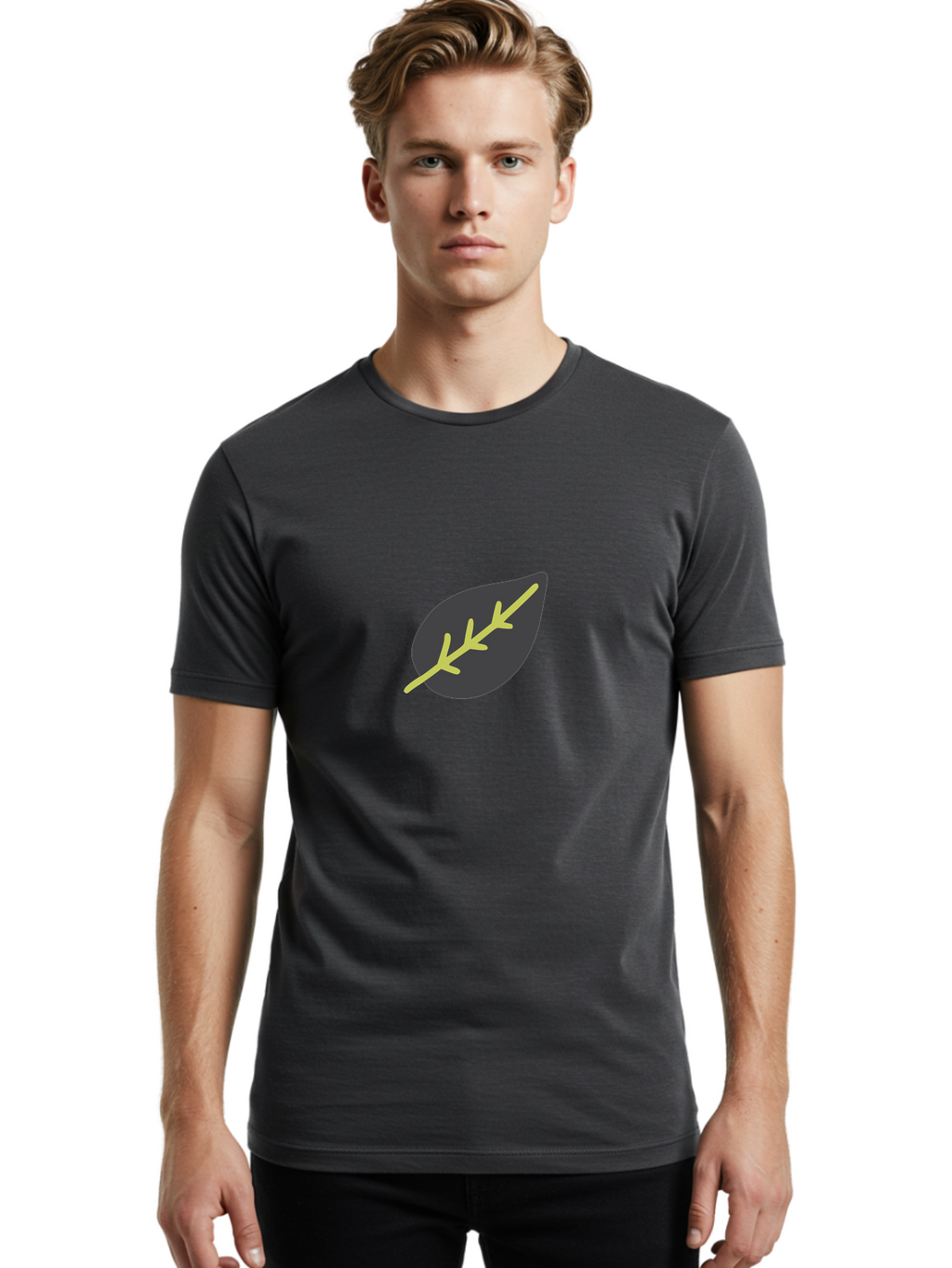 Black-Leaf Men'S Graphic Tee, 100% Cotton, Comfortable Casual Summer Wear, Machine Washable, Simple Leaf Design, Minimalist Illustration, Dark Leaf With Yellow Veins, Leaf Icon, Nature Symbol, Eco-Friendly Graphic Aad675