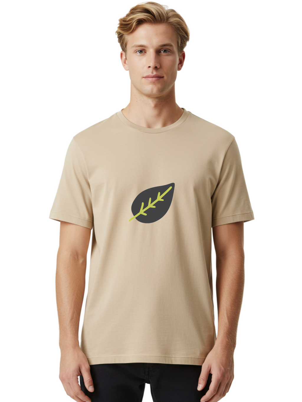 Black-Leaf Men'S Graphic Tee, 100% Cotton, Comfortable Casual Summer Wear, Machine Washable, Simple Leaf Design, Minimalist Illustration, Dark Leaf With Yellow Veins, Leaf Icon, Nature Symbol, Eco-Friendly Graphic Aad675