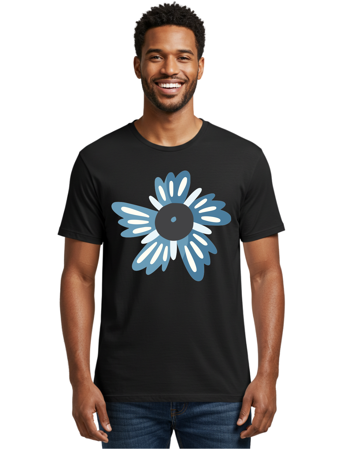 Blue-Flower Men'S Graphic Tee, 100% Cotton, Comfortable Casual Summer Wear, Machine Washable, Vinyl Record, Flower Graphic, Blue And White Petals, Black Center, Modern Art, Digital Illustration, Abstract Design, Creative Graphic Aad676