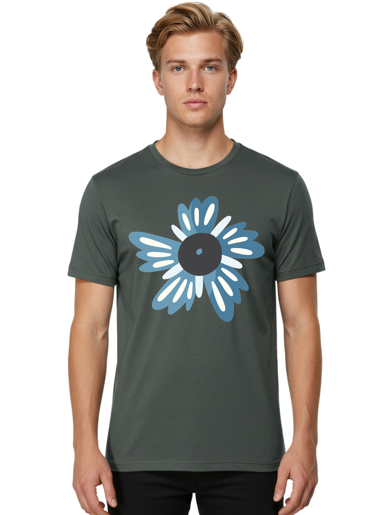 Blue-Flower Men'S Graphic Tee, 100% Cotton, Comfortable Casual Summer Wear, Machine Washable, Vinyl Record, Flower Graphic, Blue And White Petals, Black Center, Modern Art, Digital Illustration, Abstract Design, Creative Graphic Aad676