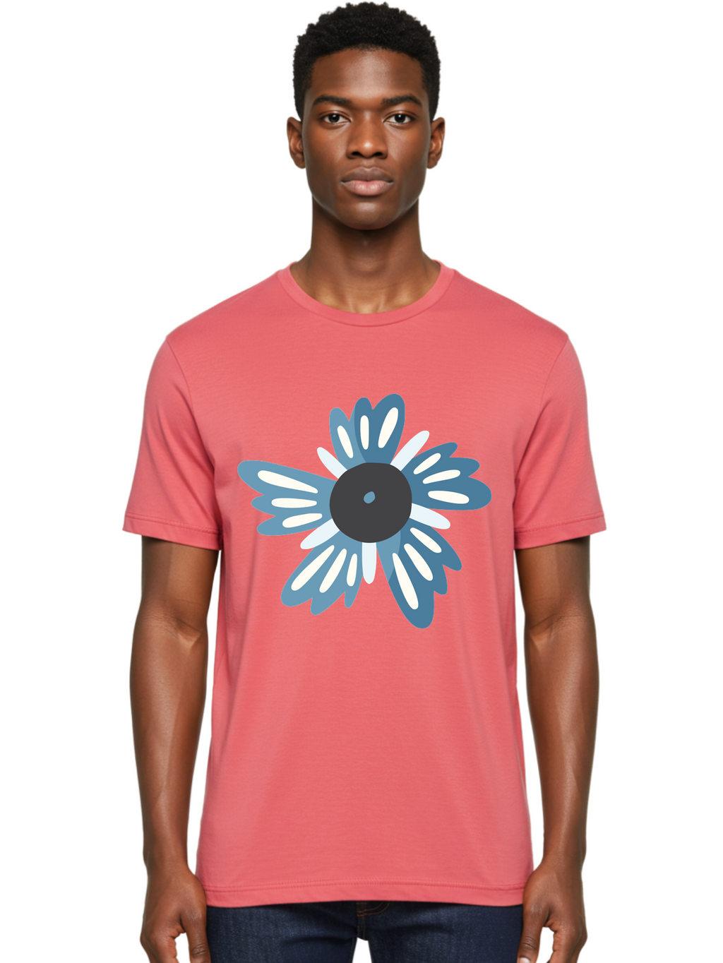 Blue-Flower Men'S Graphic Tee, 100% Cotton, Comfortable Casual Summer Wear, Machine Washable, Vinyl Record, Flower Graphic, Blue And White Petals, Black Center, Modern Art, Digital Illustration, Abstract Design, Creative Graphic Aad676