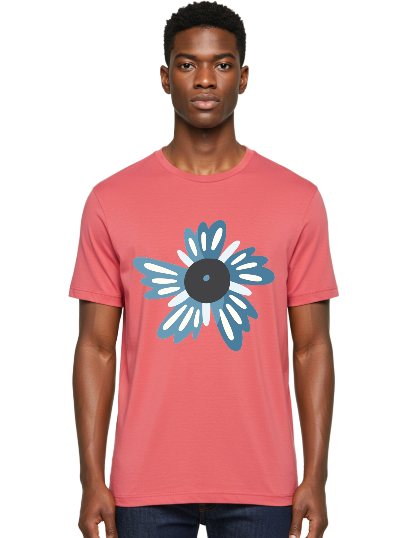 Blue-Flower Men'S Graphic Tee, 100% Cotton, Comfortable Casual Summer Wear, Machine Washable, Vinyl Record, Flower Graphic, Blue And White Petals, Black Center, Modern Art, Digital Illustration, Abstract Design, Creative Graphic Aad676