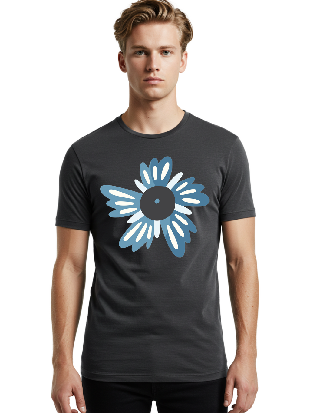 Blue-Flower Men'S Graphic Tee, 100% Cotton, Comfortable Casual Summer Wear, Machine Washable, Vinyl Record, Flower Graphic, Blue And White Petals, Black Center, Modern Art, Digital Illustration, Abstract Design, Creative Graphic Aad676