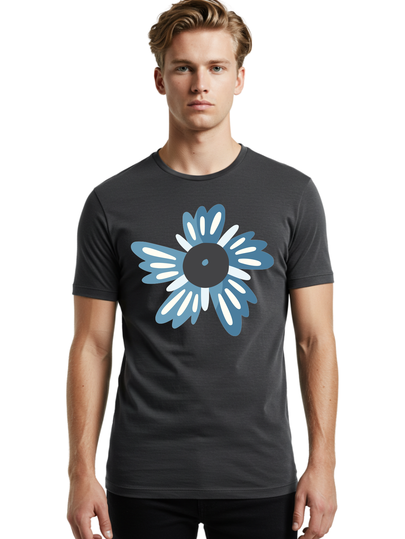 Blue-Flower Men'S Graphic Tee, 100% Cotton, Comfortable Casual Summer Wear, Machine Washable, Vinyl Record, Flower Graphic, Blue And White Petals, Black Center, Modern Art, Digital Illustration, Abstract Design, Creative Graphic Aad676