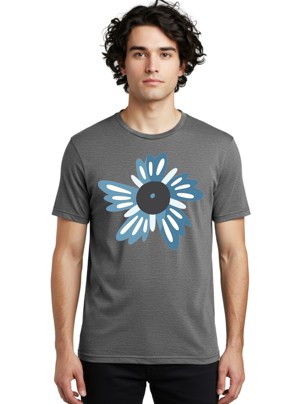 Blue-Flower Men'S Graphic Tee, 100% Cotton, Comfortable Casual Summer Wear, Machine Washable, Vinyl Record, Flower Graphic, Blue And White Petals, Black Center, Modern Art, Digital Illustration, Abstract Design, Creative Graphic Aad676