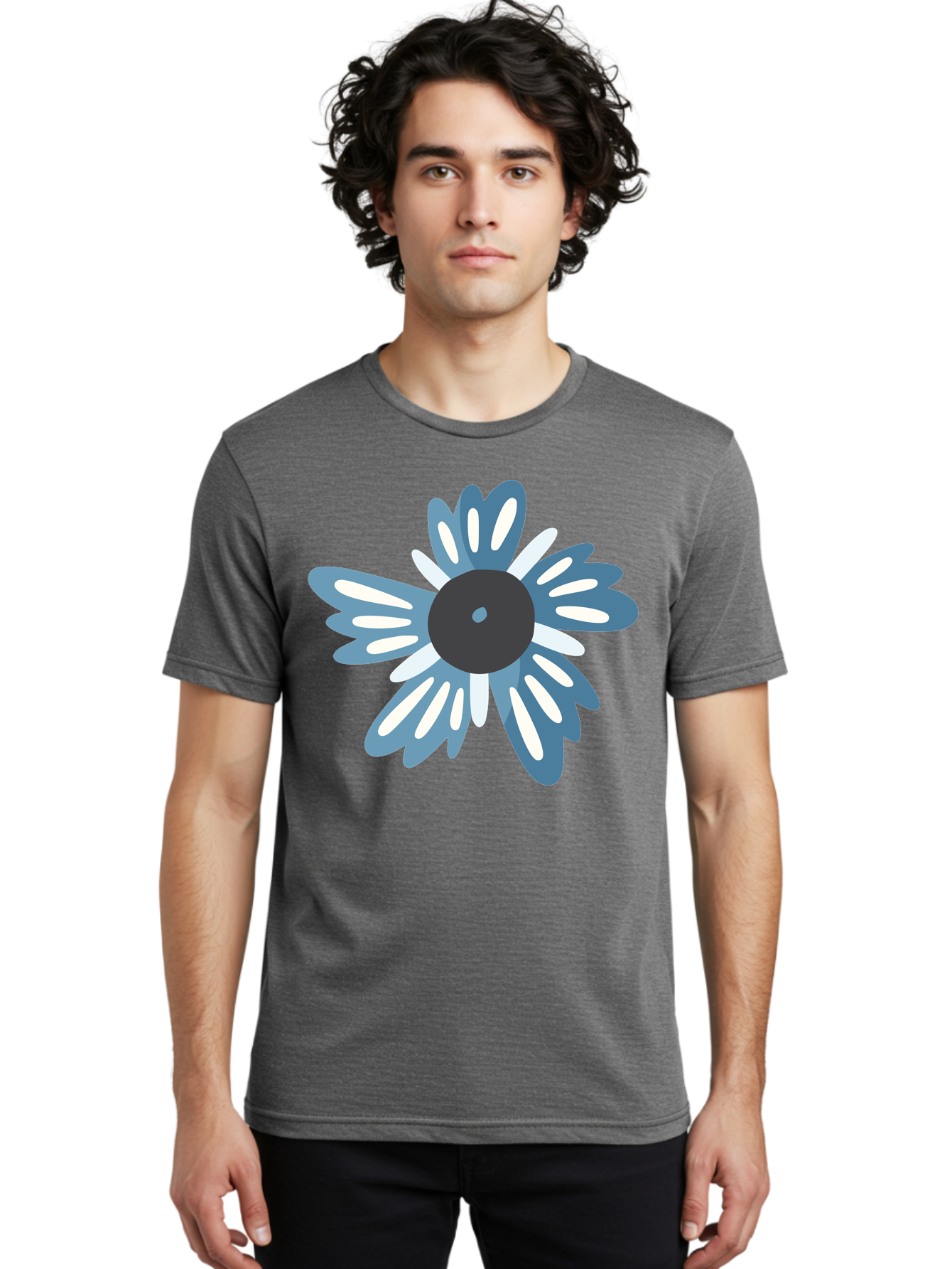 Blue-Flower Men'S Graphic Tee, 100% Cotton, Comfortable Casual Summer Wear, Machine Washable, Vinyl Record, Flower Graphic, Blue And White Petals, Black Center, Modern Art, Digital Illustration, Abstract Design, Creative Graphic Aad676