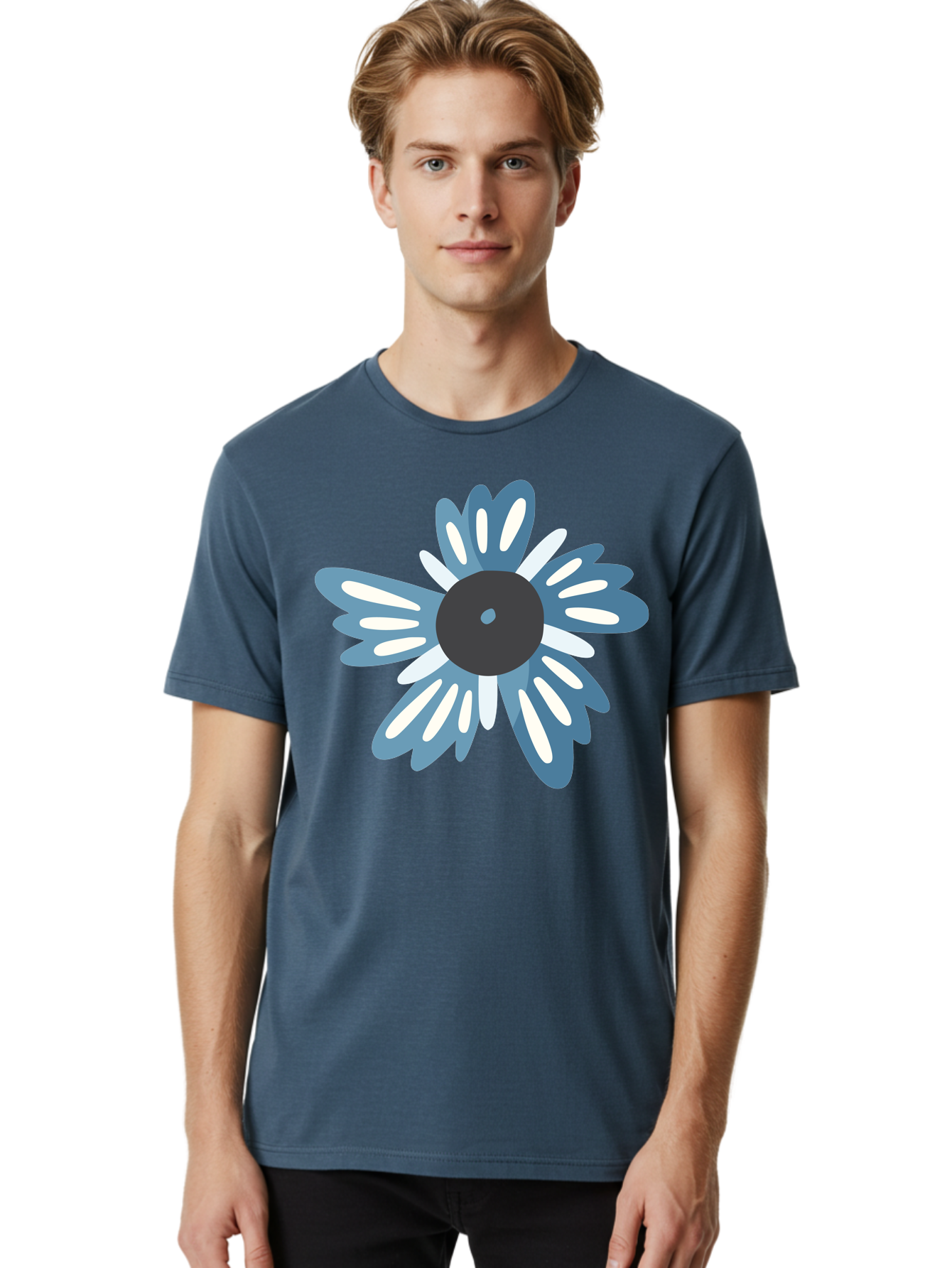 Blue-Flower Men'S Graphic Tee, 100% Cotton, Comfortable Casual Summer Wear, Machine Washable, Vinyl Record, Flower Graphic, Blue And White Petals, Black Center, Modern Art, Digital Illustration, Abstract Design, Creative Graphic Aad676