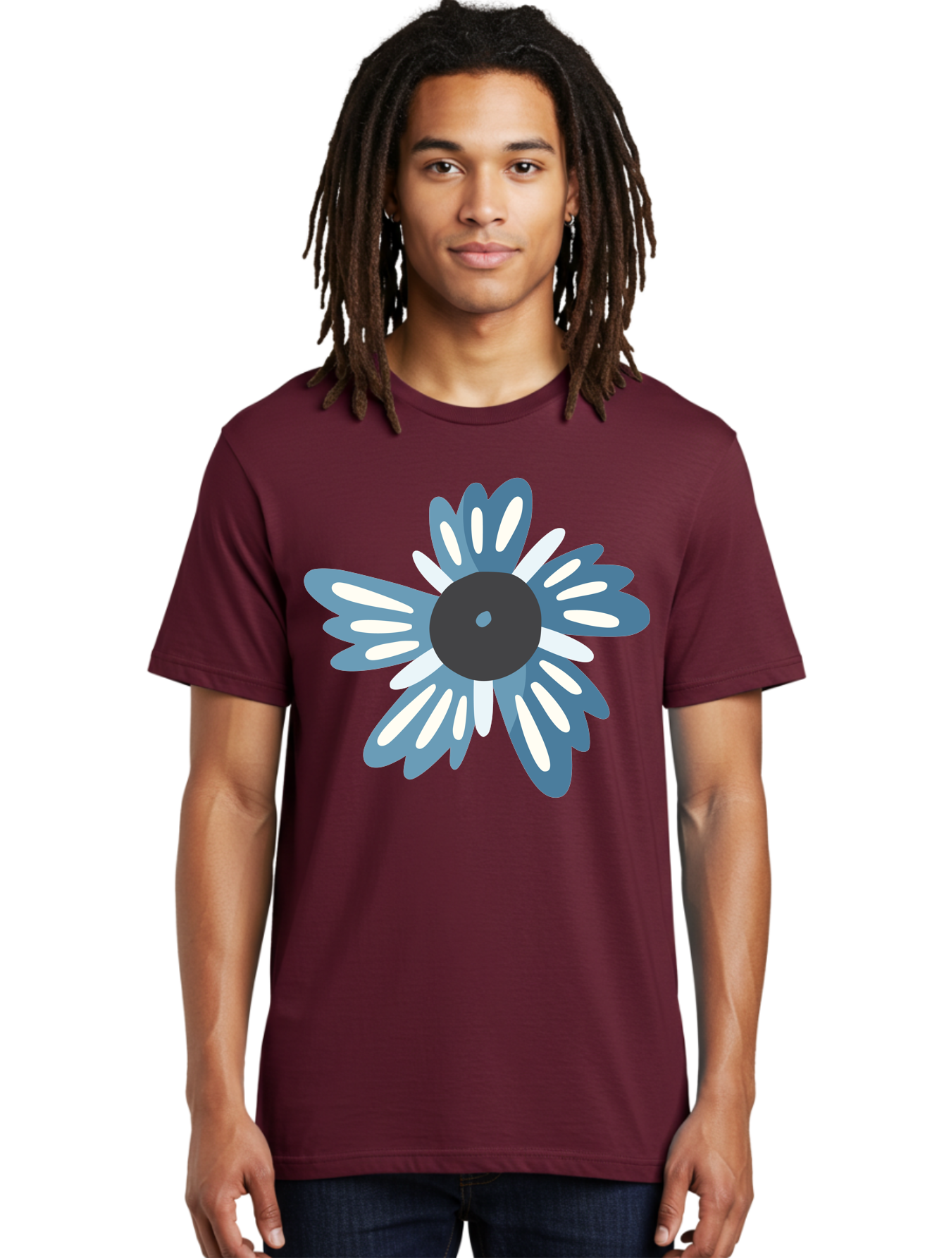 Blue-Flower Men'S Graphic Tee, 100% Cotton, Comfortable Casual Summer Wear, Machine Washable, Vinyl Record, Flower Graphic, Blue And White Petals, Black Center, Modern Art, Digital Illustration, Abstract Design, Creative Graphic Aad676