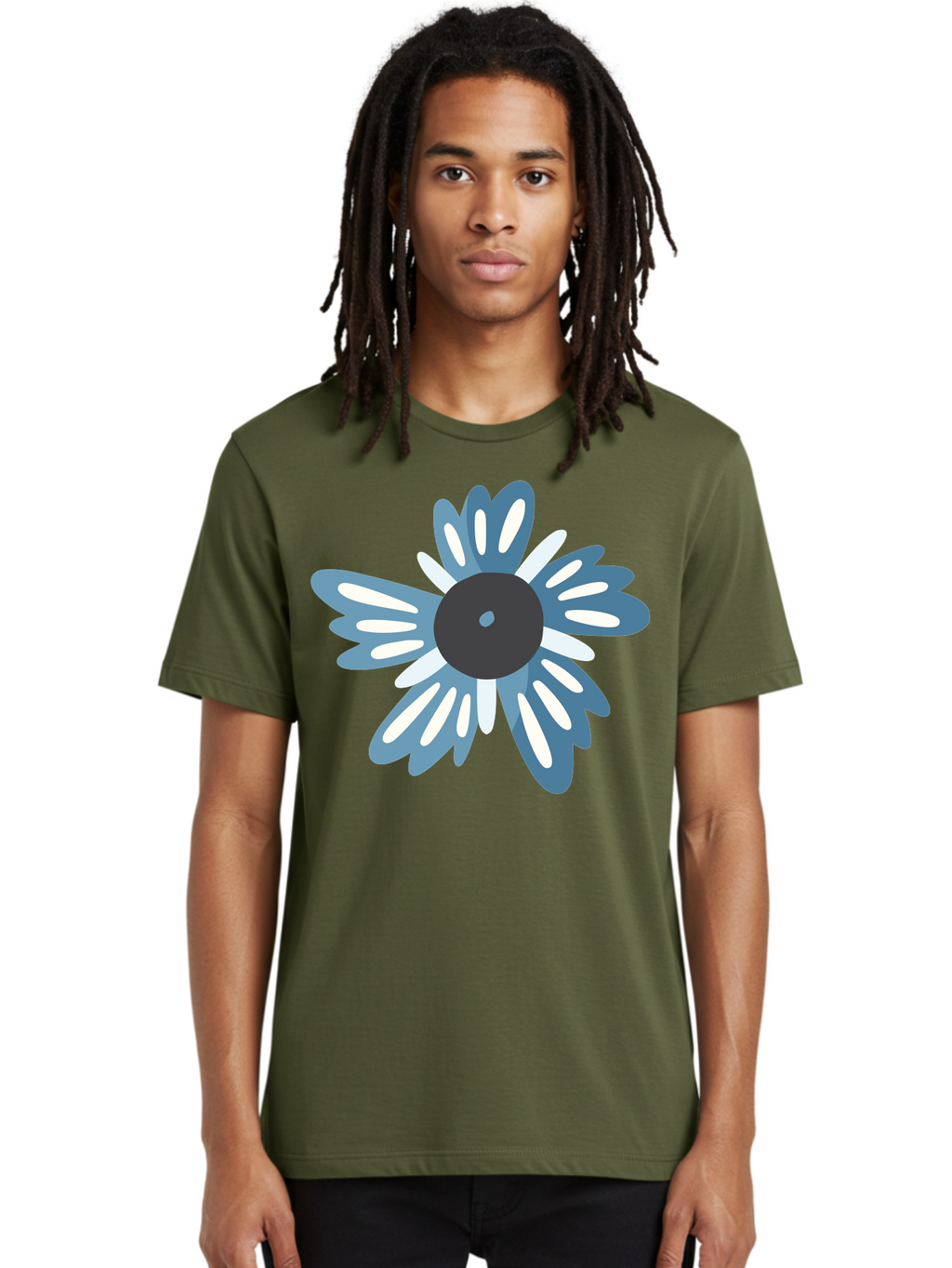 Blue-Flower Men'S Graphic Tee, 100% Cotton, Comfortable Casual Summer Wear, Machine Washable, Vinyl Record, Flower Graphic, Blue And White Petals, Black Center, Modern Art, Digital Illustration, Abstract Design, Creative Graphic Aad676