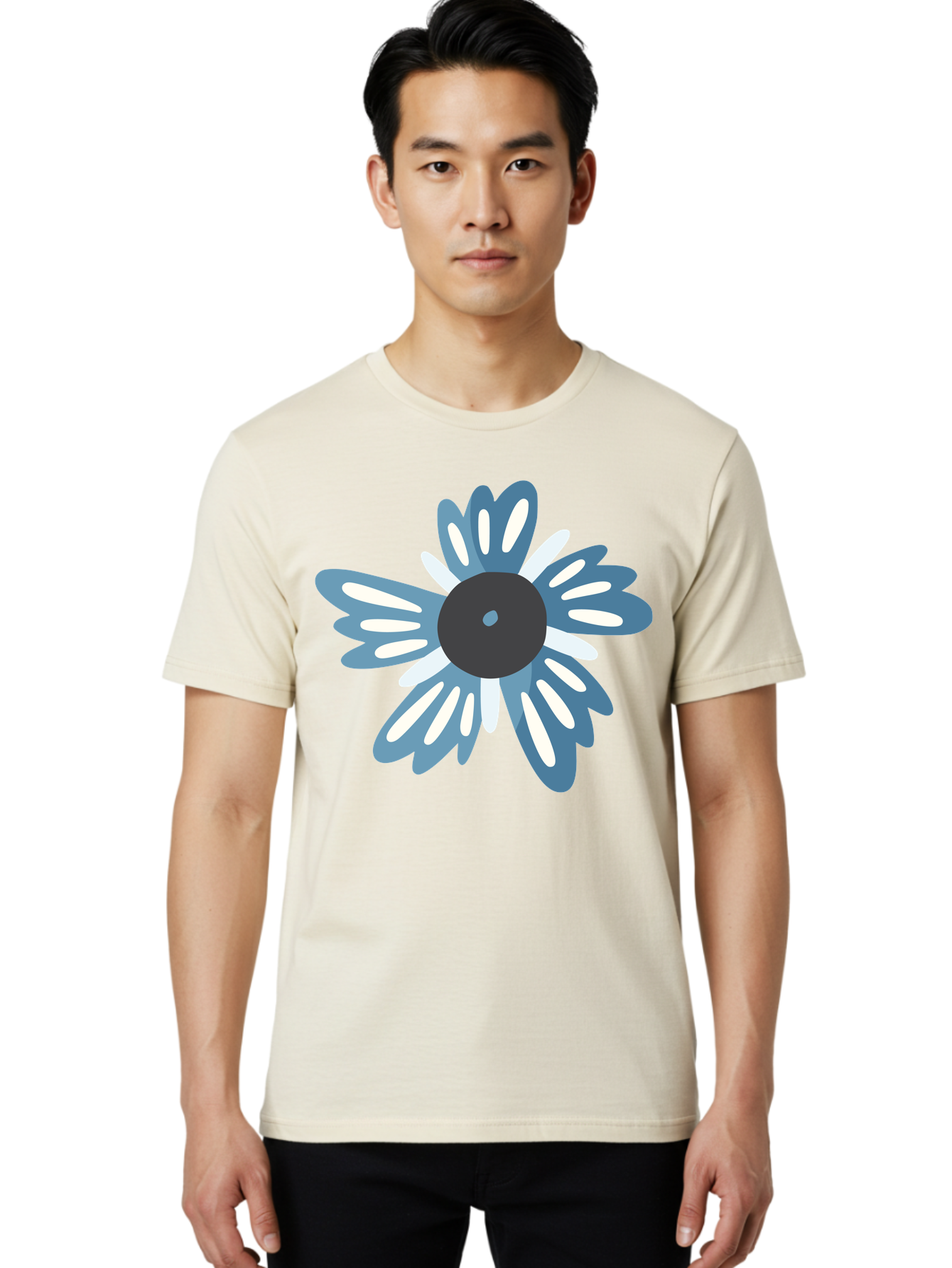 Blue-Flower Men'S Graphic Tee, 100% Cotton, Comfortable Casual Summer Wear, Machine Washable, Vinyl Record, Flower Graphic, Blue And White Petals, Black Center, Modern Art, Digital Illustration, Abstract Design, Creative Graphic Aad676