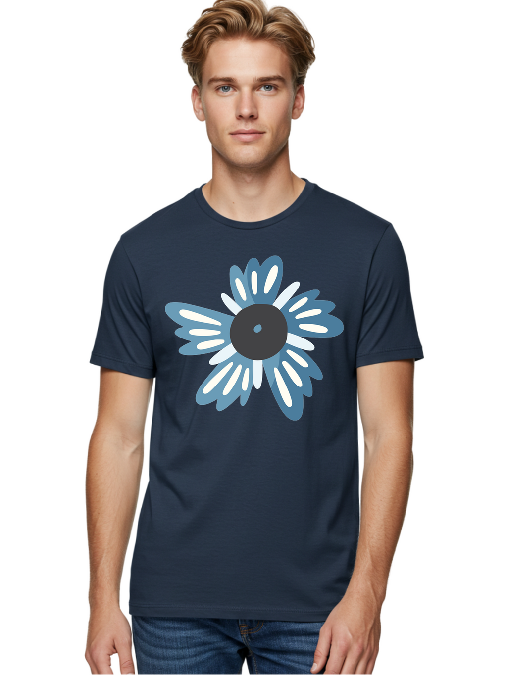 Blue-Flower Men'S Graphic Tee, 100% Cotton, Comfortable Casual Summer Wear, Machine Washable, Vinyl Record, Flower Graphic, Blue And White Petals, Black Center, Modern Art, Digital Illustration, Abstract Design, Creative Graphic Aad676