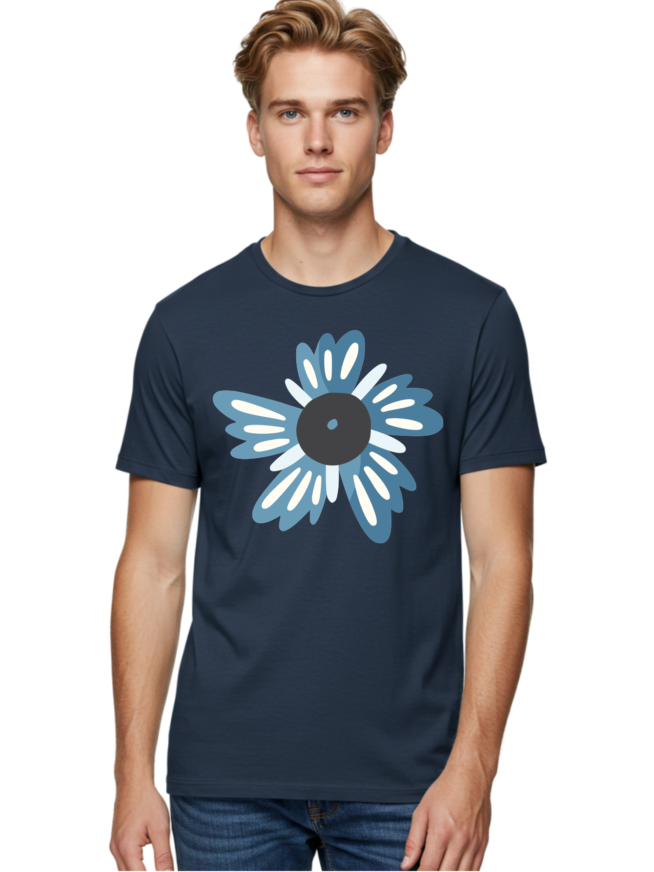 Blue-Flower Men'S Graphic Tee, 100% Cotton, Comfortable Casual Summer Wear, Machine Washable, Vinyl Record, Flower Graphic, Blue And White Petals, Black Center, Modern Art, Digital Illustration, Abstract Design, Creative Graphic Aad676