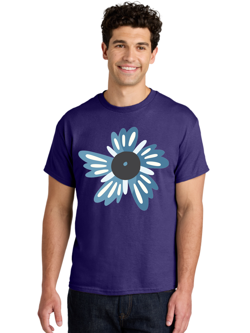 Blue-Flower Men'S Graphic Tee, 100% Cotton, Comfortable Casual Summer Wear, Machine Washable, Vinyl Record, Flower Graphic, Blue And White Petals, Black Center, Modern Art, Digital Illustration, Abstract Design, Creative Graphic Aad676