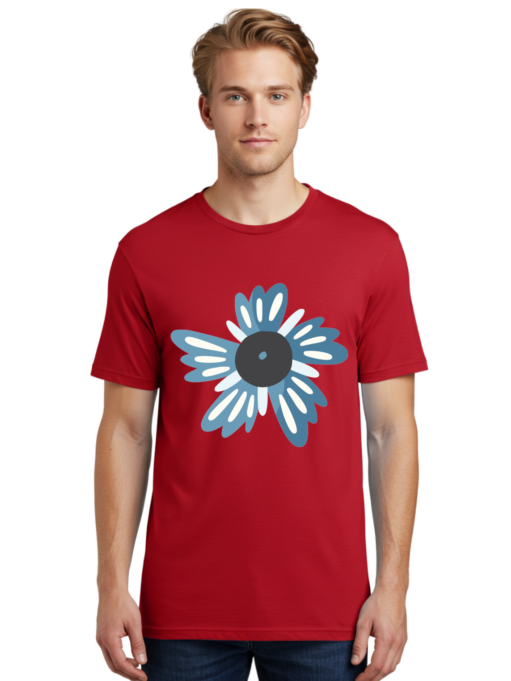 Blue-Flower Men'S Graphic Tee, 100% Cotton, Comfortable Casual Summer Wear, Machine Washable, Vinyl Record, Flower Graphic, Blue And White Petals, Black Center, Modern Art, Digital Illustration, Abstract Design, Creative Graphic Aad676