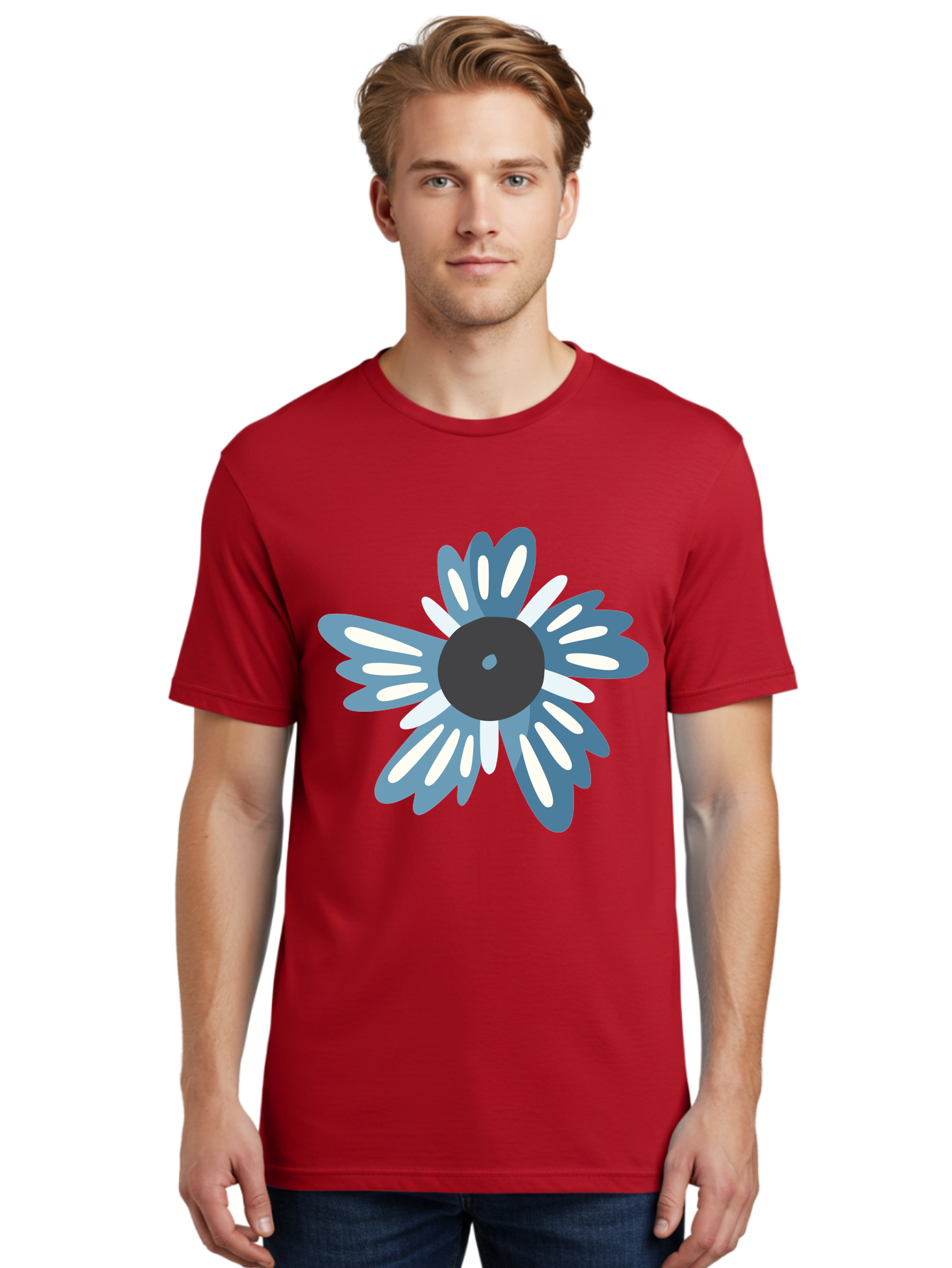 Blue-Flower Men'S Graphic Tee, 100% Cotton, Comfortable Casual Summer Wear, Machine Washable, Vinyl Record, Flower Graphic, Blue And White Petals, Black Center, Modern Art, Digital Illustration, Abstract Design, Creative Graphic Aad676