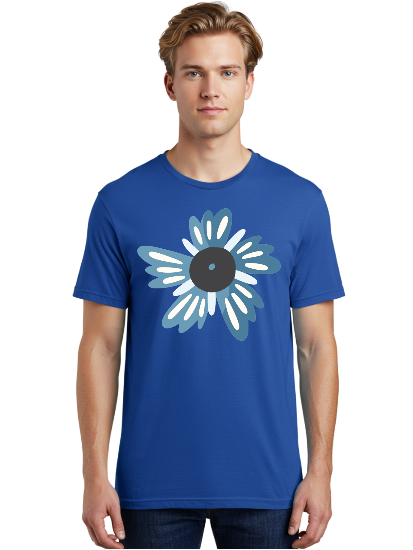 Blue-Flower Men'S Graphic Tee, 100% Cotton, Comfortable Casual Summer Wear, Machine Washable, Vinyl Record, Flower Graphic, Blue And White Petals, Black Center, Modern Art, Digital Illustration, Abstract Design, Creative Graphic Aad676