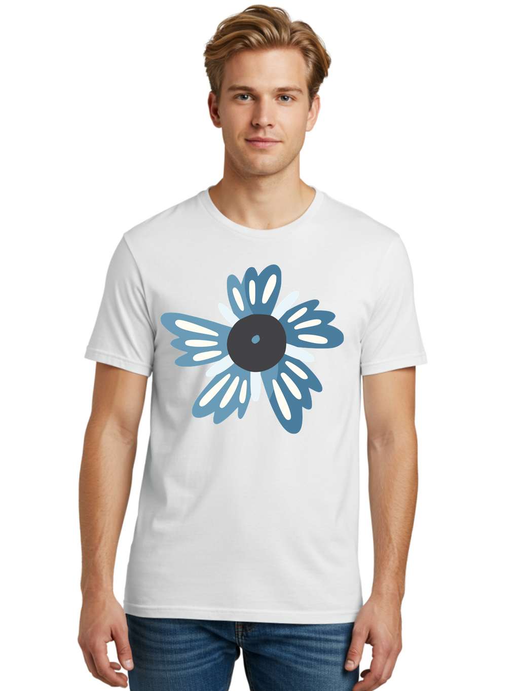Blue-Flower Men'S Graphic Tee, 100% Cotton, Comfortable Casual Summer Wear, Machine Washable, Vinyl Record, Flower Graphic, Blue And White Petals, Black Center, Modern Art, Digital Illustration, Abstract Design, Creative Graphic Aad676
