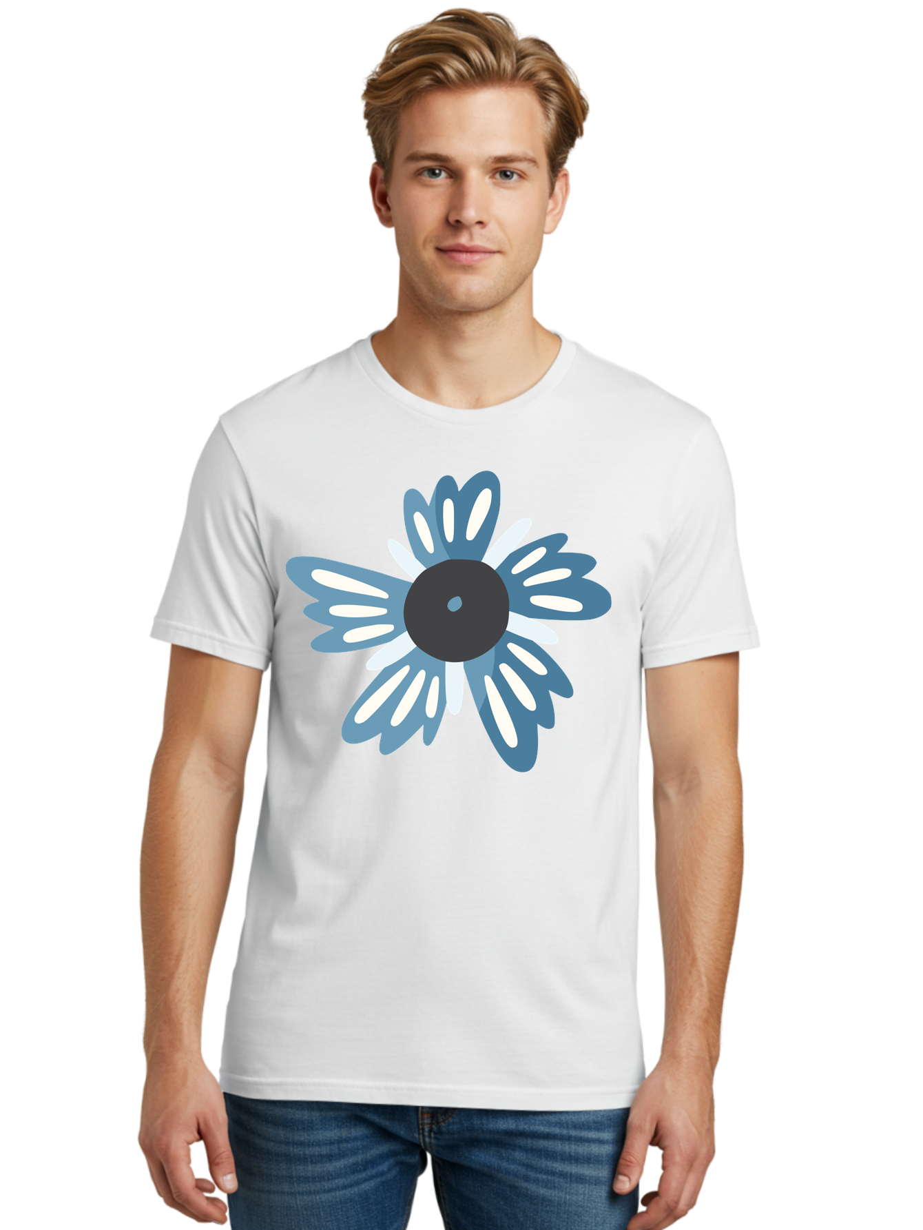 Blue-Flower Men'S Graphic Tee, 100% Cotton, Comfortable Casual Summer Wear, Machine Washable, Vinyl Record, Flower Graphic, Blue And White Petals, Black Center, Modern Art, Digital Illustration, Abstract Design, Creative Graphic Aad676