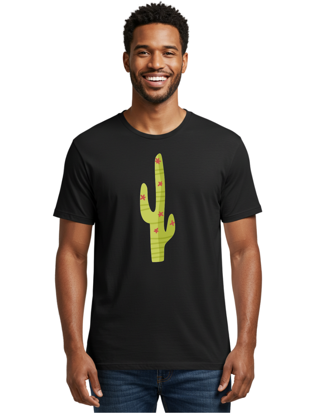 Cactus-1 Men'S Graphic Tee, 100% Cotton, Comfortable Casual Summer Wear, Machine Washable, Cartoon Cactus, Desert Flora, Prickly Plant, Red Flowers, Green Cactus, Southwestern Icon, Graphic Design Element, Simple Illustration, Stylized Cactus Aad677