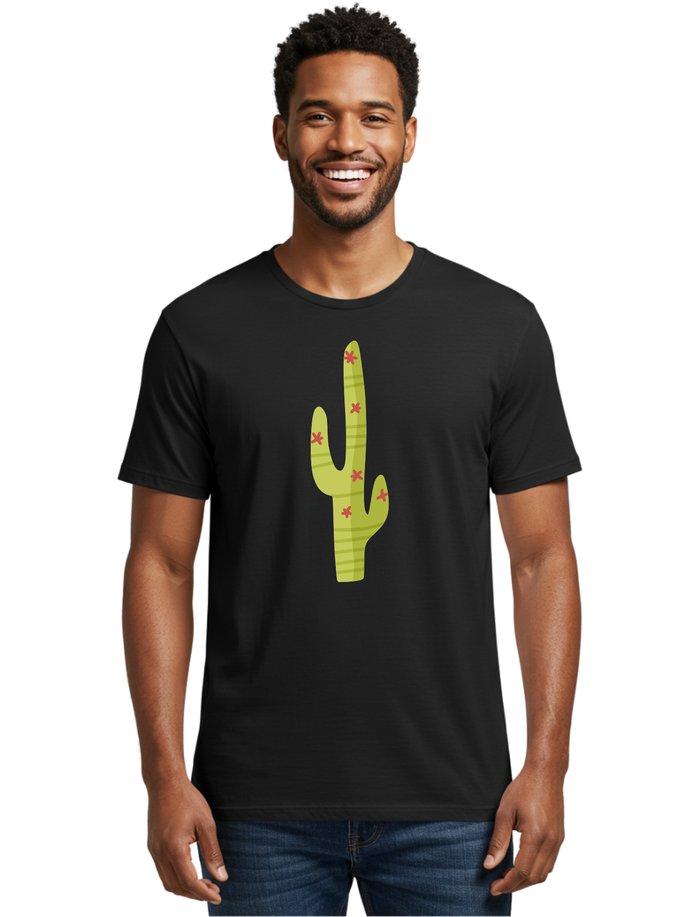 Cactus-1 Men'S Graphic Tee, 100% Cotton, Comfortable Casual Summer Wear, Machine Washable, Cartoon Cactus, Desert Flora, Prickly Plant, Red Flowers, Green Cactus, Southwestern Icon, Graphic Design Element, Simple Illustration, Stylized Cactus Aad677