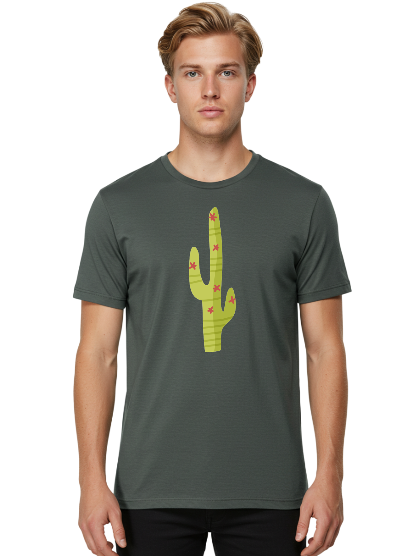 Cactus-1 Men'S Graphic Tee, 100% Cotton, Comfortable Casual Summer Wear, Machine Washable, Cartoon Cactus, Desert Flora, Prickly Plant, Red Flowers, Green Cactus, Southwestern Icon, Graphic Design Element, Simple Illustration, Stylized Cactus Aad677