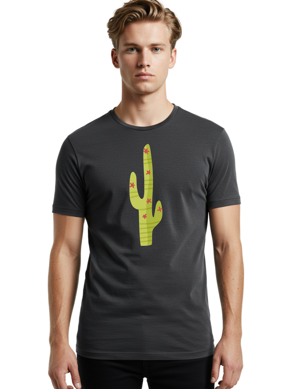 Cactus-1 Men'S Graphic Tee, 100% Cotton, Comfortable Casual Summer Wear, Machine Washable, Cartoon Cactus, Desert Flora, Prickly Plant, Red Flowers, Green Cactus, Southwestern Icon, Graphic Design Element, Simple Illustration, Stylized Cactus Aad677