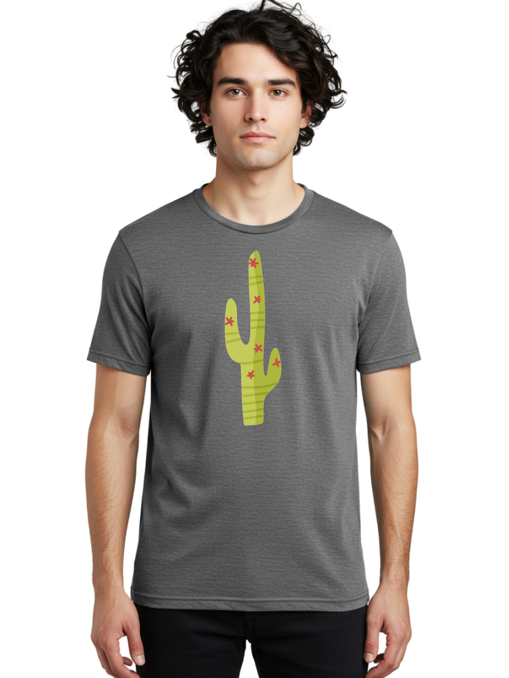 Cactus-1 Men'S Graphic Tee, 100% Cotton, Comfortable Casual Summer Wear, Machine Washable, Cartoon Cactus, Desert Flora, Prickly Plant, Red Flowers, Green Cactus, Southwestern Icon, Graphic Design Element, Simple Illustration, Stylized Cactus Aad677