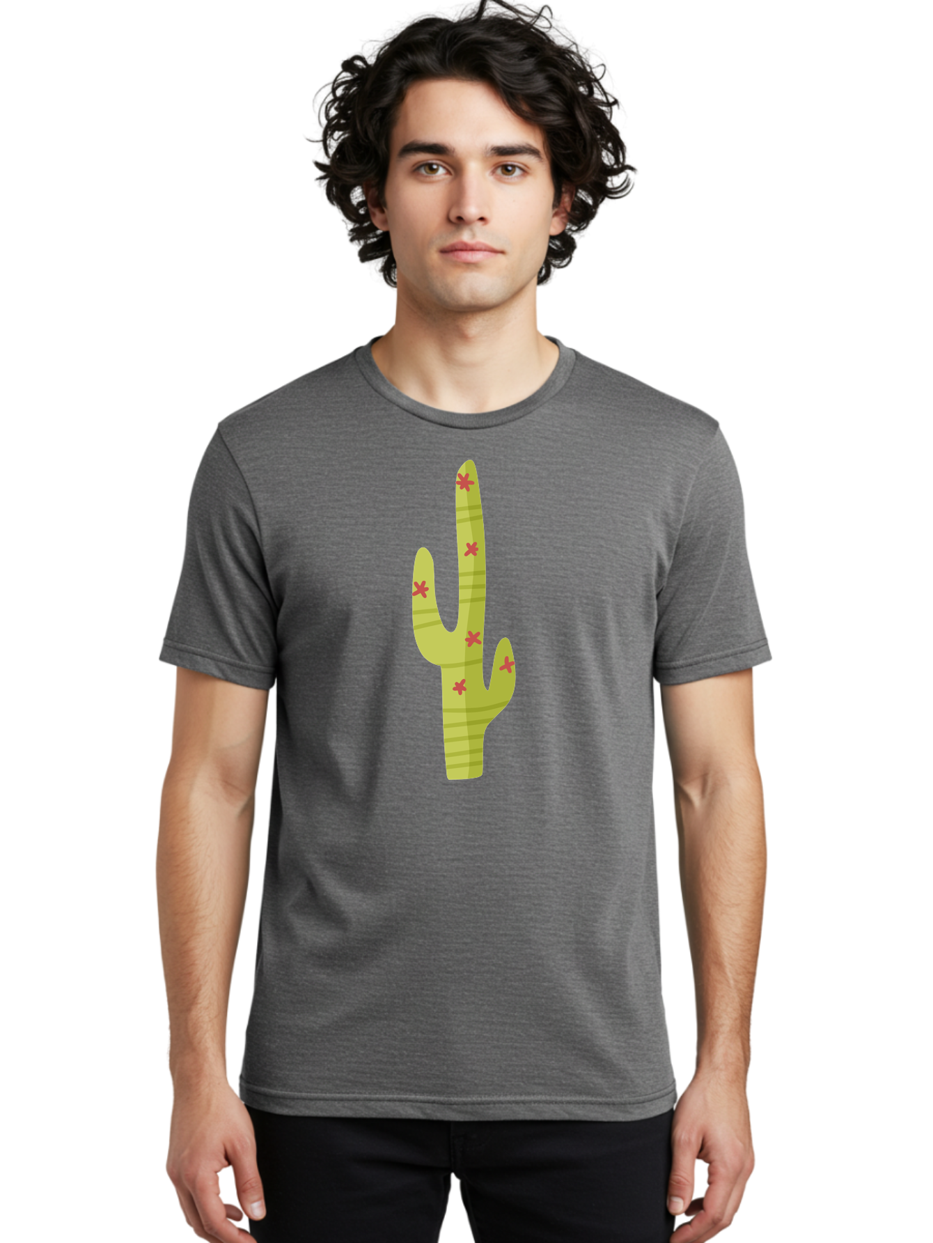 Cactus-1 Men'S Graphic Tee, 100% Cotton, Comfortable Casual Summer Wear, Machine Washable, Cartoon Cactus, Desert Flora, Prickly Plant, Red Flowers, Green Cactus, Southwestern Icon, Graphic Design Element, Simple Illustration, Stylized Cactus Aad677